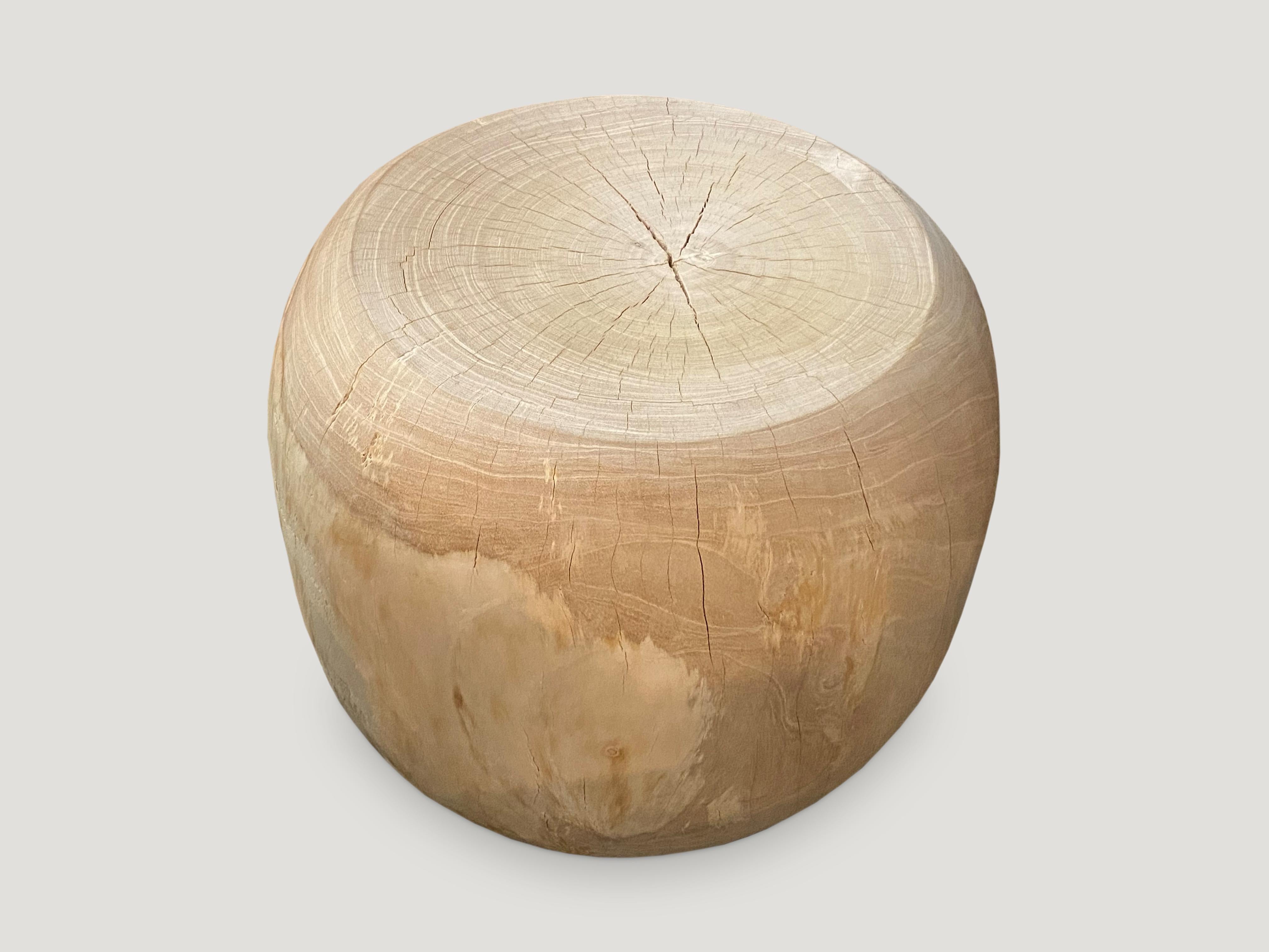 Reclaimed teak wood which we have hand carved into a beautiful drum shaped side table and bleached to a bone finish. Organic is the new modern.

The St. Barts Collection features an exciting new line of organic white wash and natural weathered