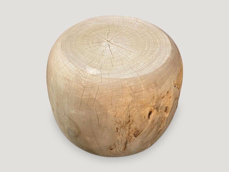 Andrianna Shamaris Bleached Teak Wood Drum Side Table In Excellent Condition For Sale In New York, NY