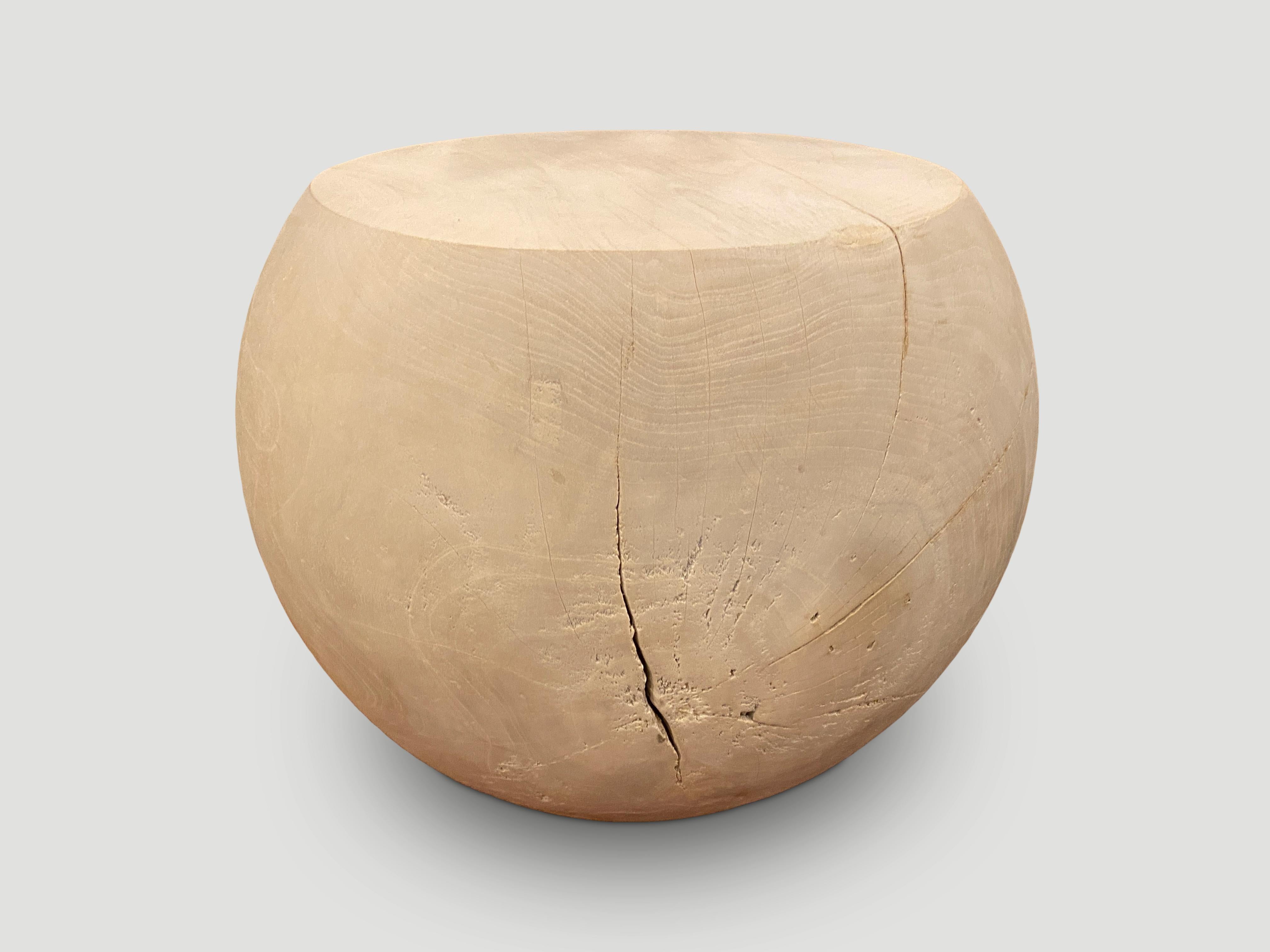 Andrianna Shamaris Bleached Teak Wood Drum Side Table In Excellent Condition In New York, NY