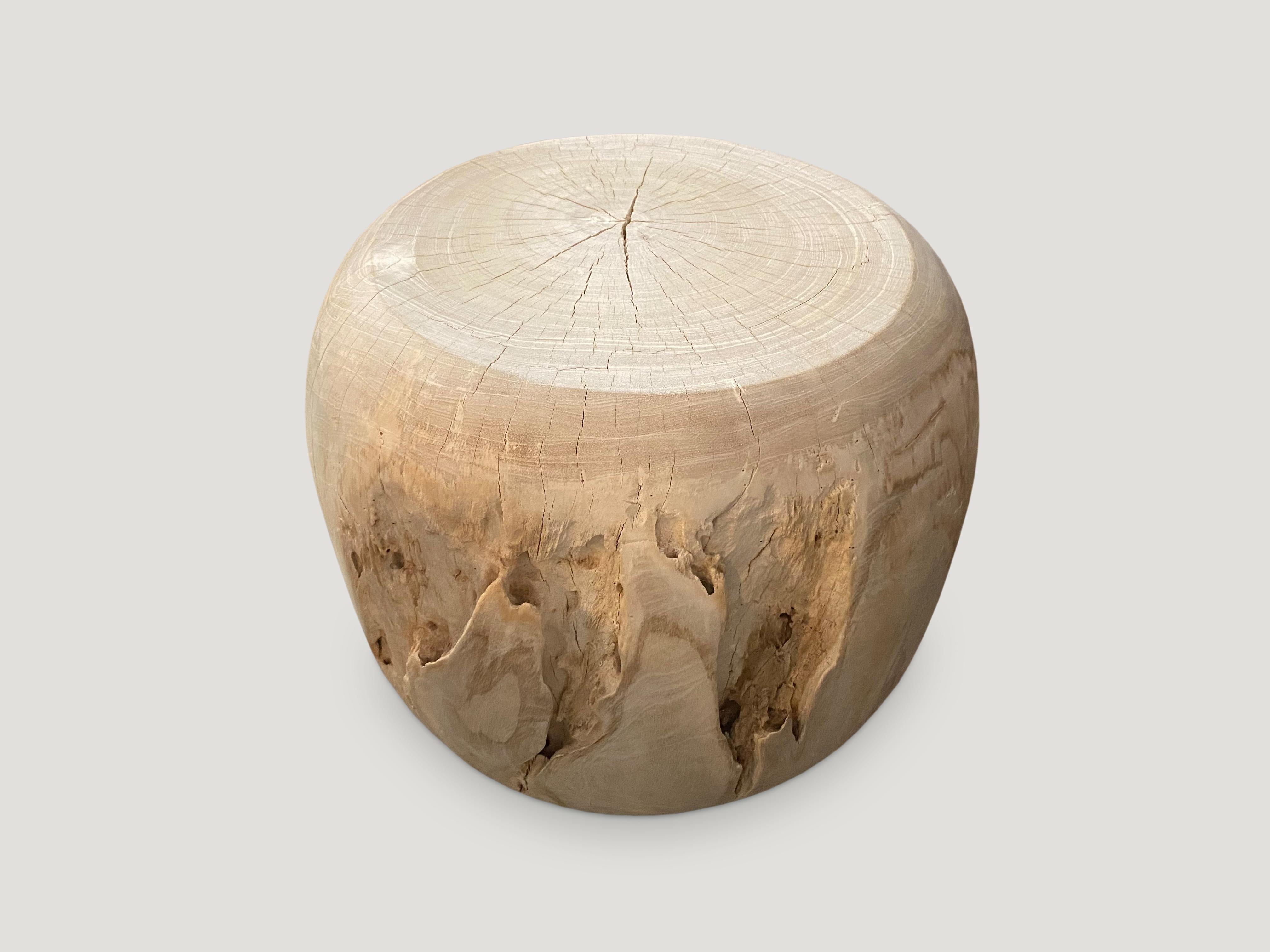Andrianna Shamaris Bleached Teak Wood Drum Side Table In Excellent Condition For Sale In New York, NY