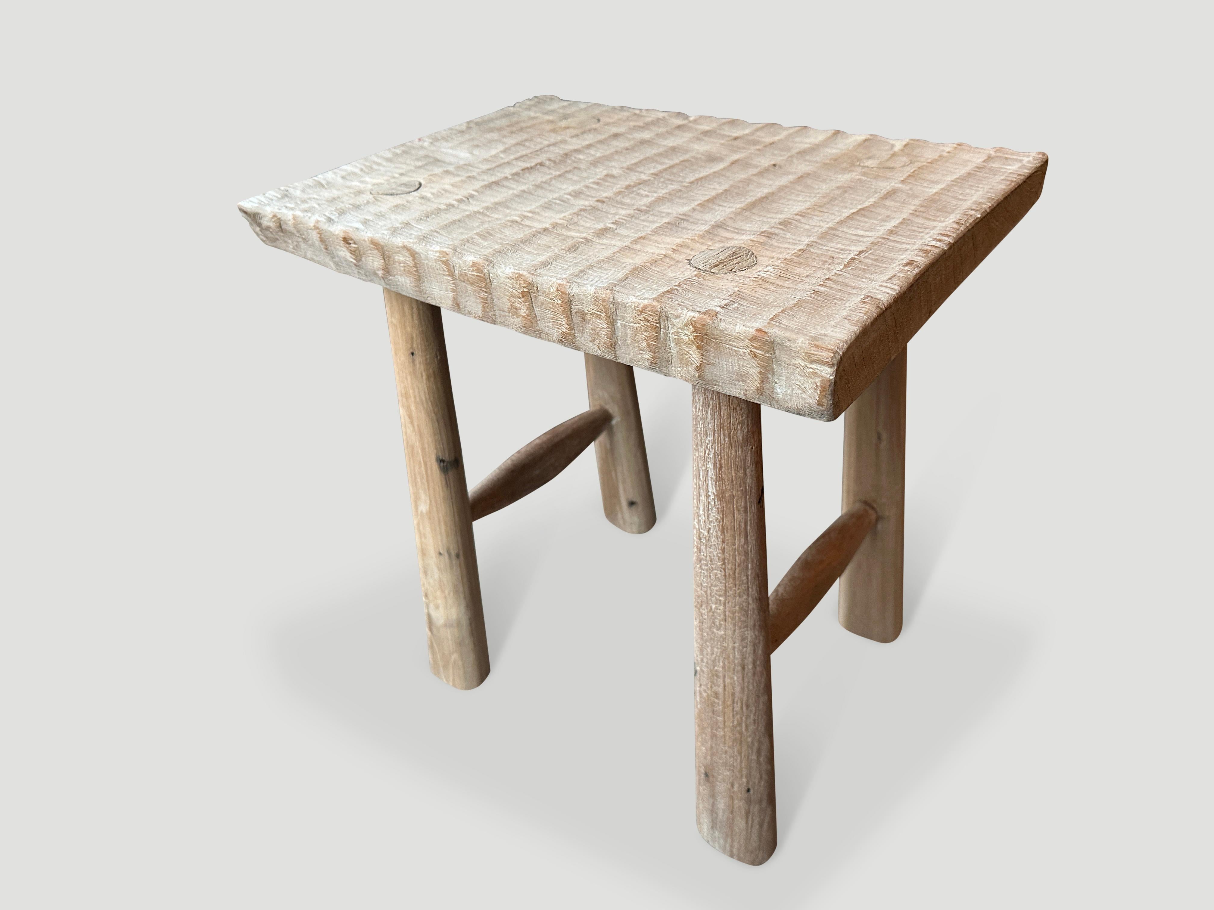 Organic Modern Andrianna Shamaris Bleached Teak Wood Hand Carved Stool or Side Table For Sale