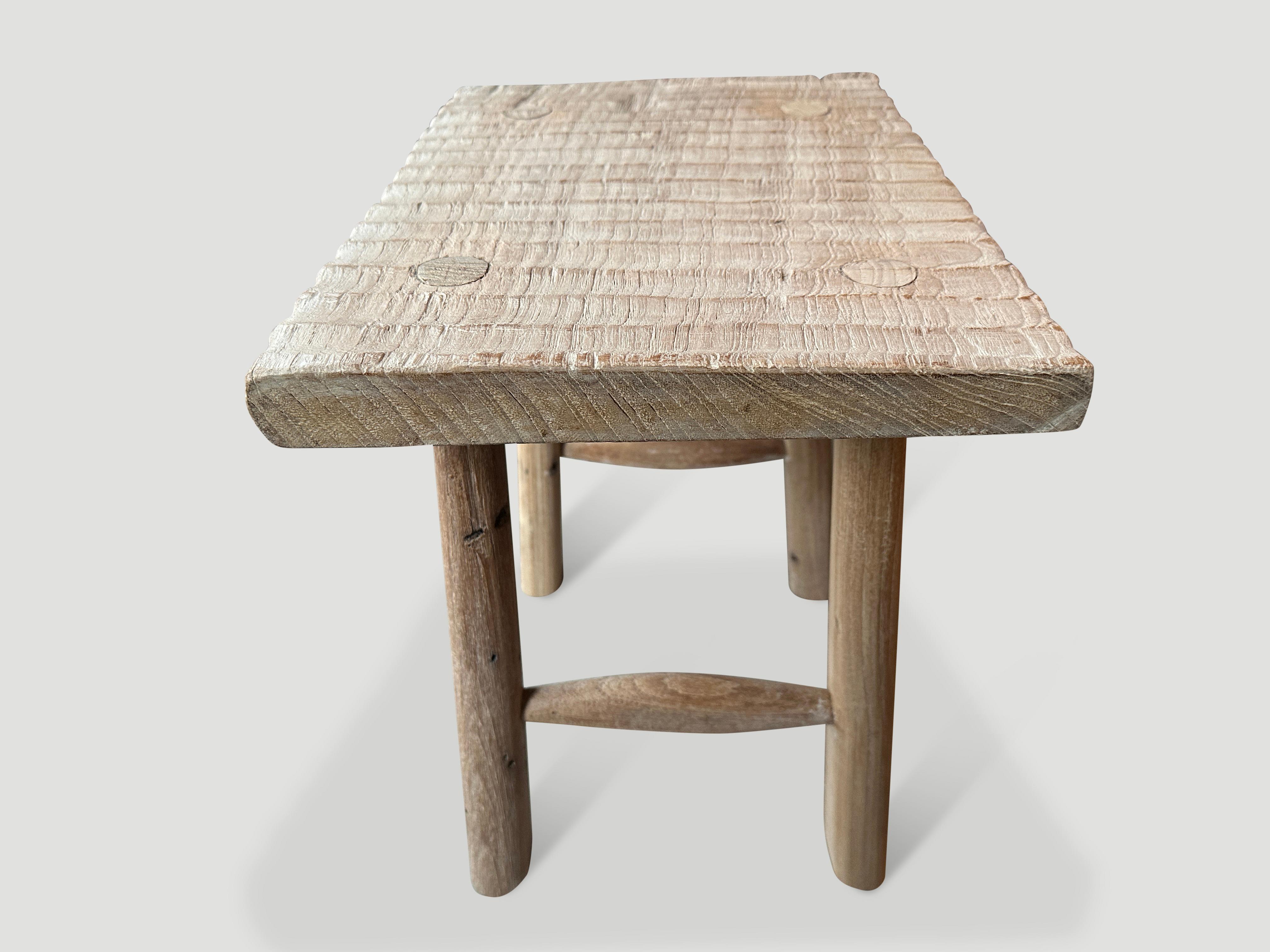 Andrianna Shamaris Bleached Teak Wood Hand Carved Stool or Side Table In Excellent Condition For Sale In New York, NY