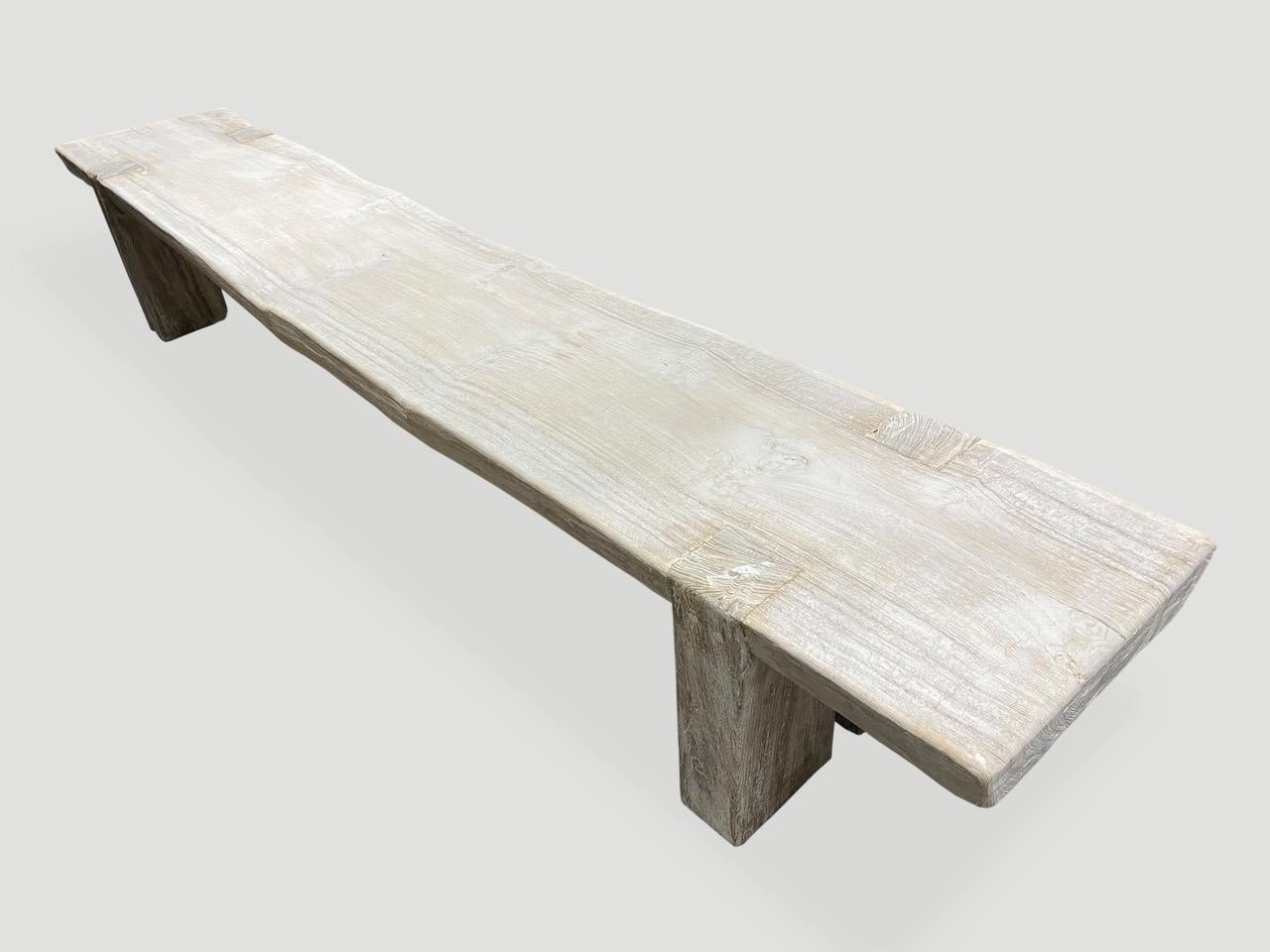 Impressive single 3.5” thick slab, reclaimed teak wood bench. We added the legs, bleached the wood and then finished with a light white wash exposing the beautiful grain of this aged teak wood bench.

The St. Barts Collection features an exciting