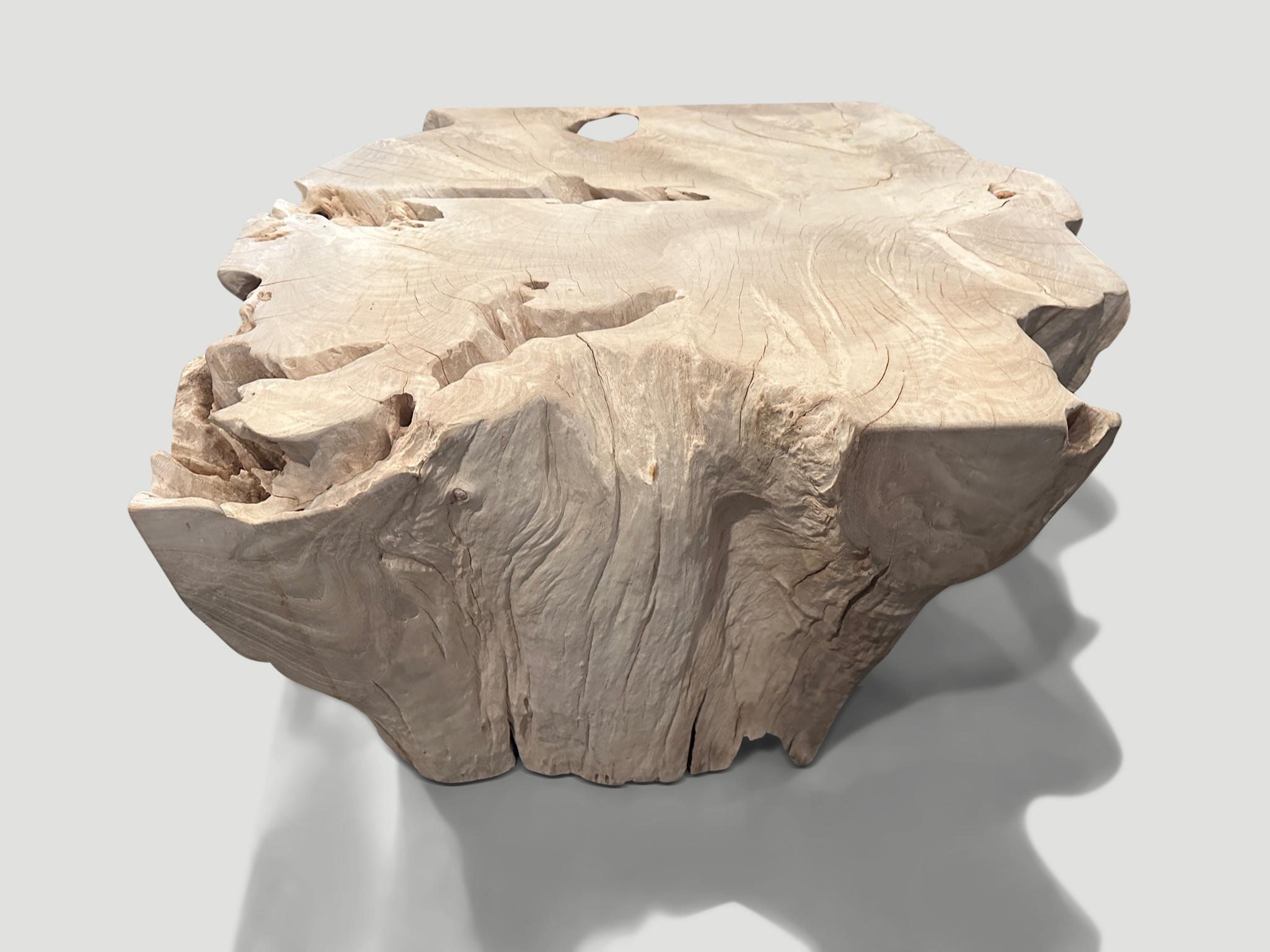 Impressive teak root coffee table or pedestal with beautiful detail on the sides and top. Both sculptural and functional. We bleached the wood and added a light white wash revealing the stunning wood grain. 

The St. Barts Collection features an