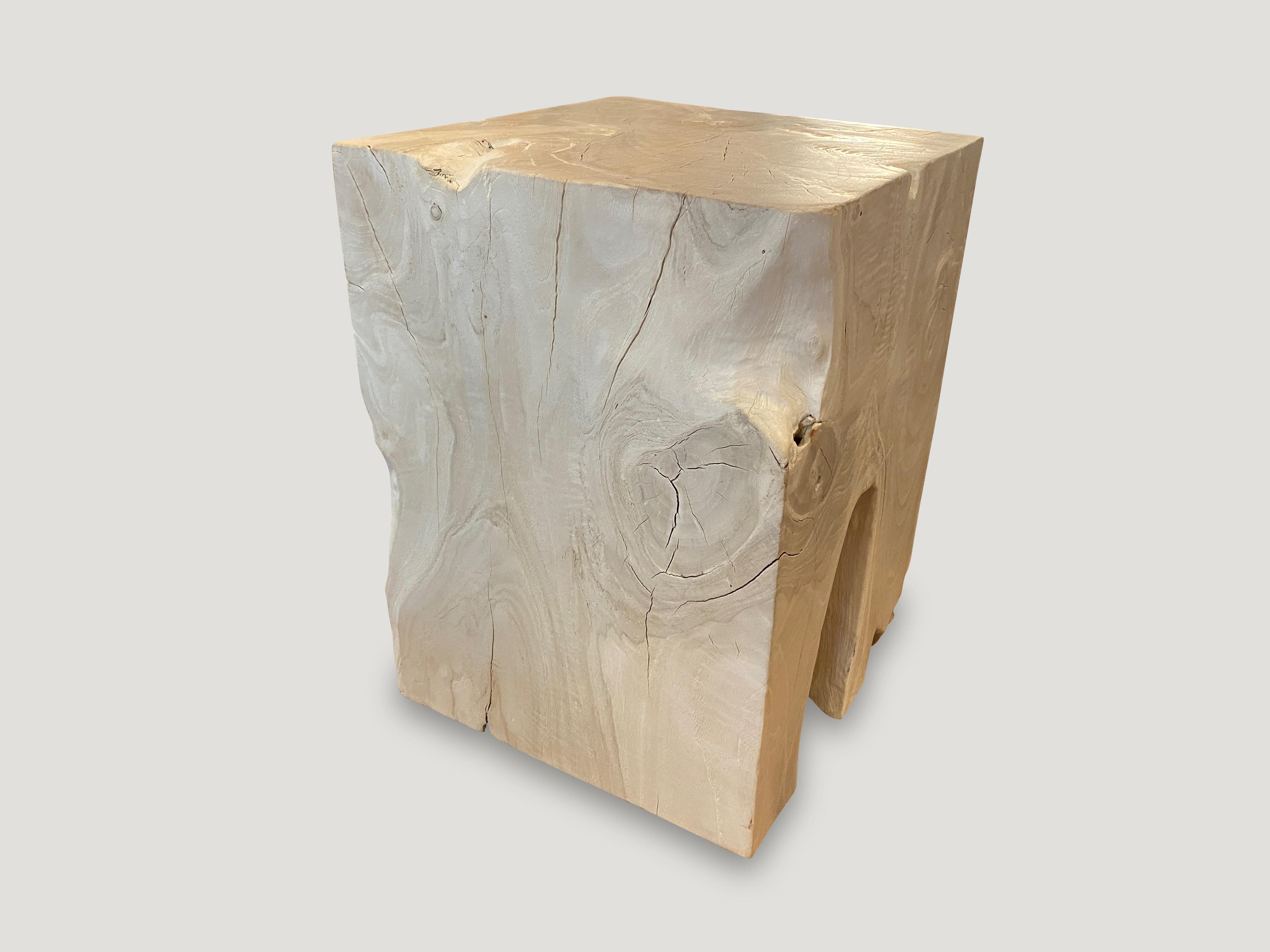 Reclaimed teak wood side table, hand carved whilst respecting the natural organic wood. Bleached to a bone finish. We have a collection. All unique. The price and size reflect the one shown. Also available charred.

The St. Barts collection