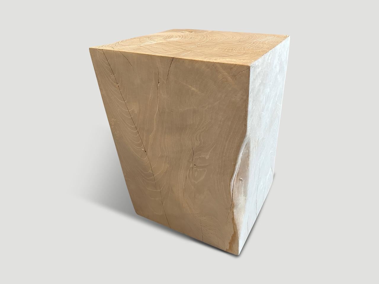 Reclaimed teak wood side table, hand carved whilst respecting the natural organic wood. Bleached to a bone finish. We have a collection. The images reflect the one shown. Also available charred.

The St. Barts Collection features an exciting line