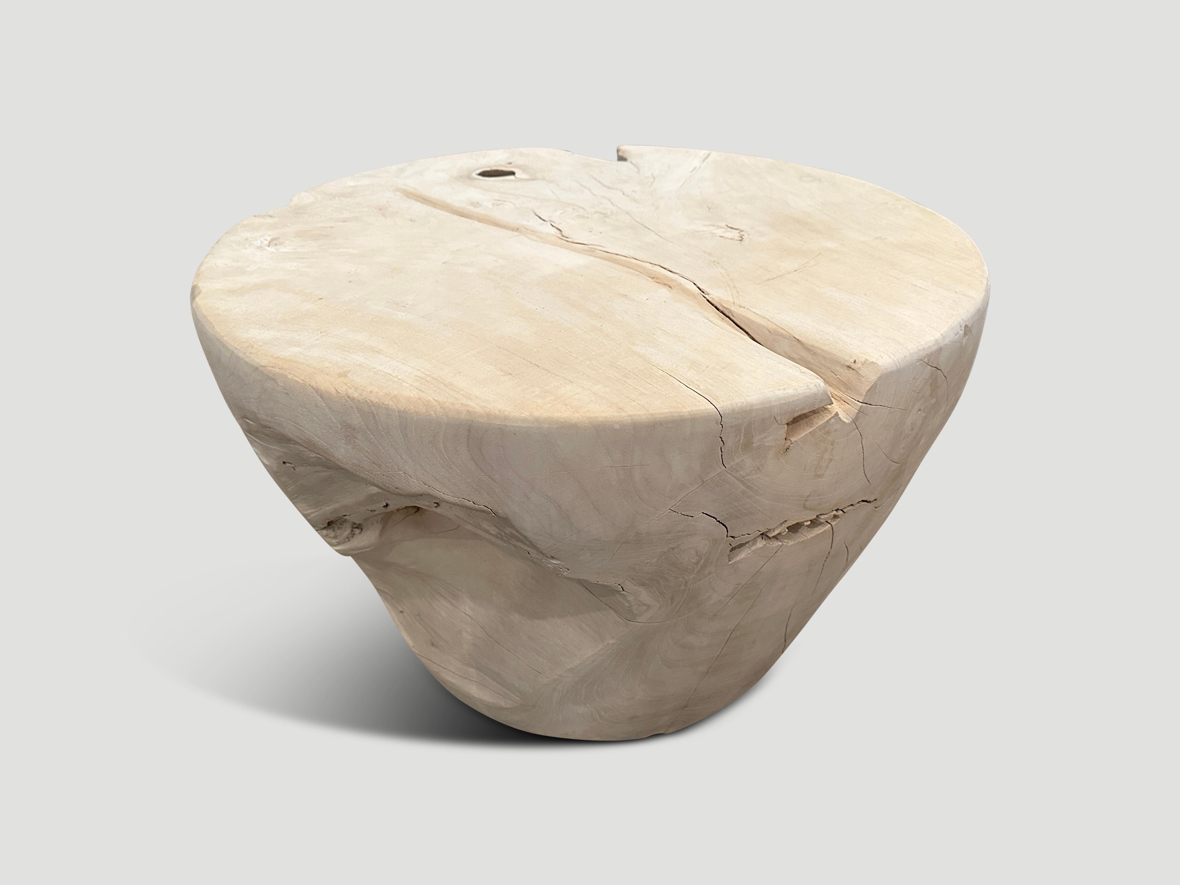 Reclaimed teak root coffee table or oversized side table hand carved into a drum shape whilst respecting the natural organic wood. We added a light white wash revealing the beautiful wood grain. Both usable and sculptural. We have a collection. The