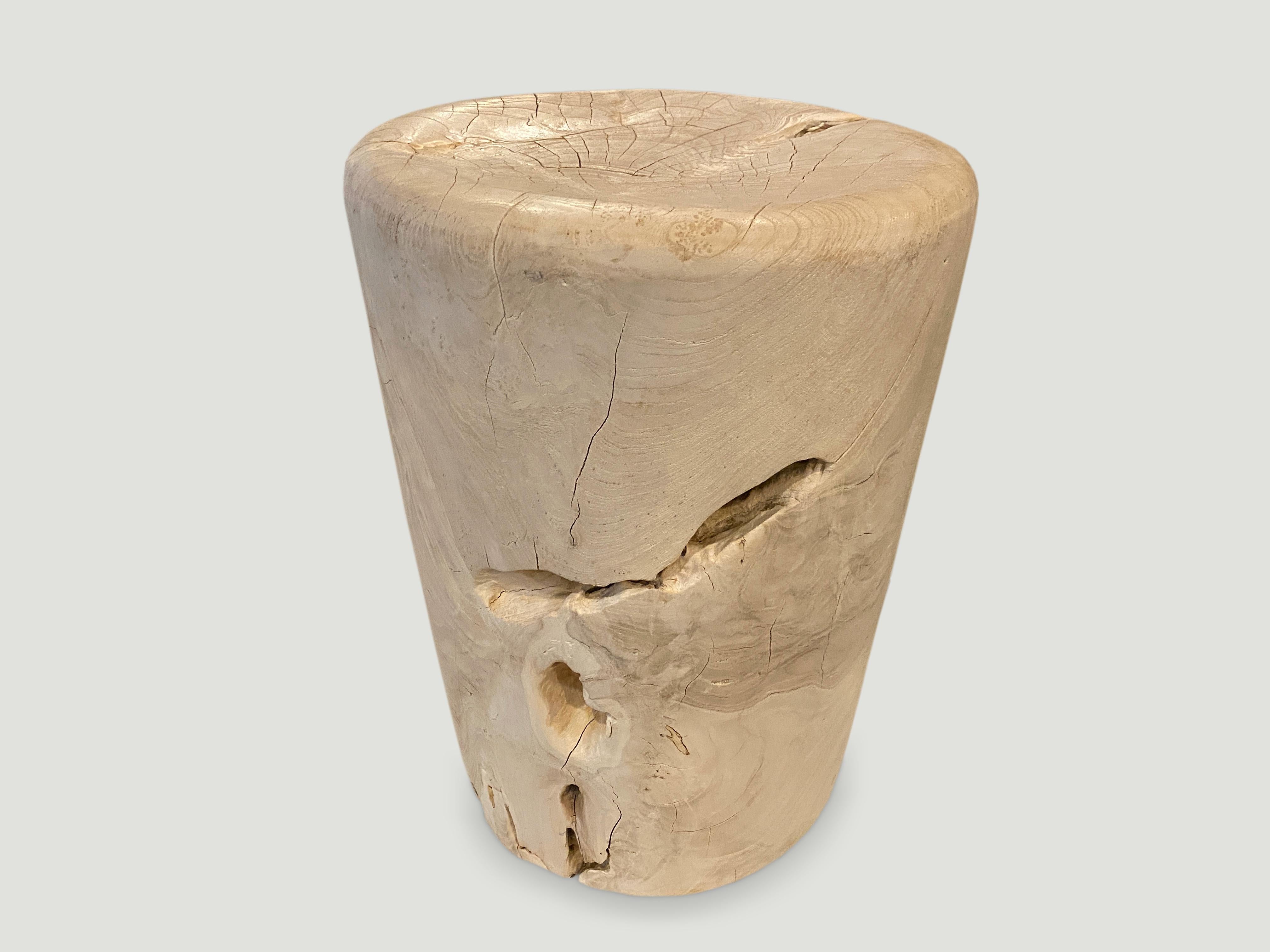 Reclaimed teak which we have hand carved into drum shaped side tables or stools and then bleached to a bone finish. Large collection available. The price reflects the one shown. Also available charred.

The St. Barts collection features an