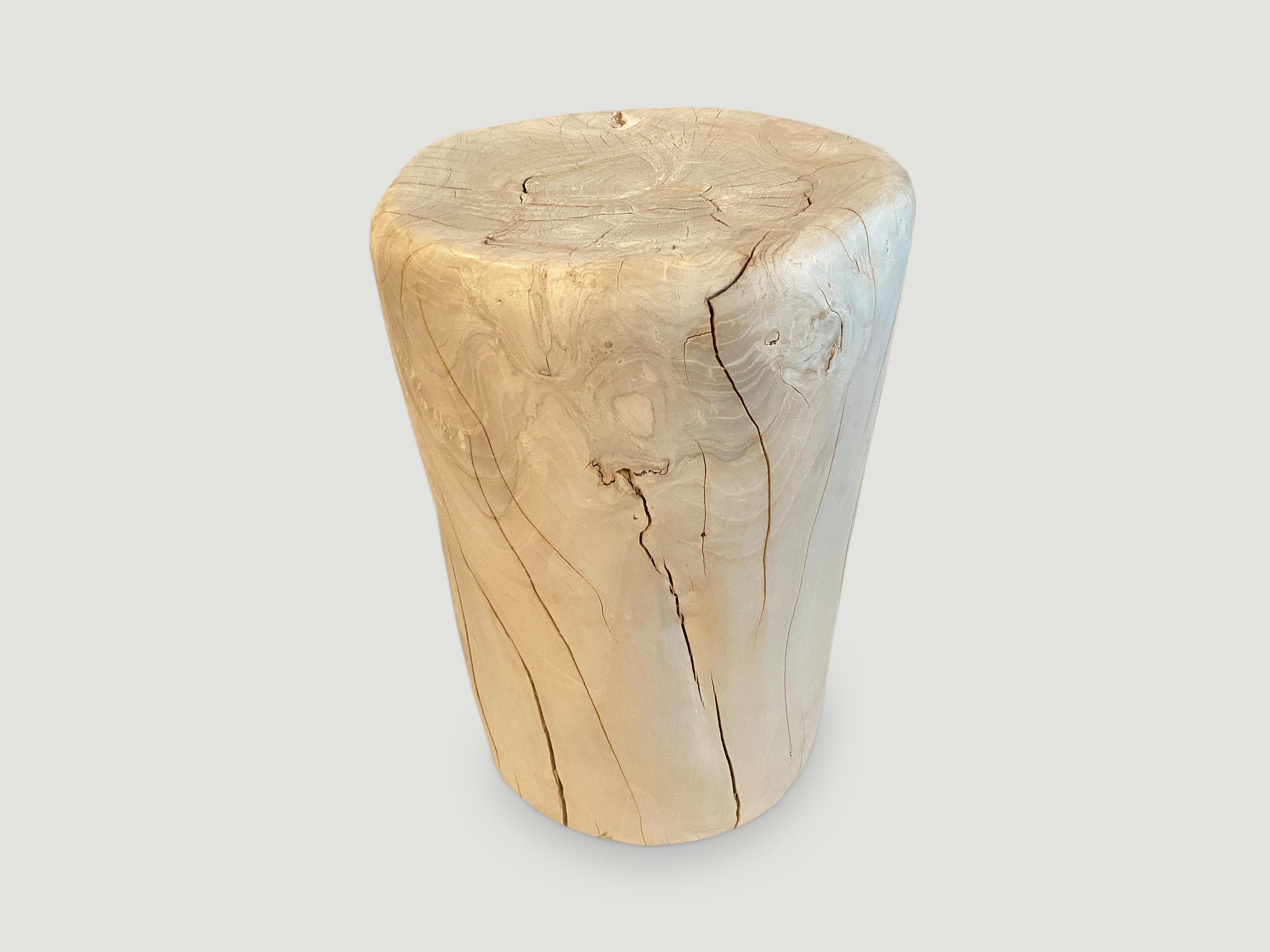 Reclaimed teak wood side table or stool. Hand carved into a drum shape whilst respecting the natural organic wood. Bleached to a bone finish. We have a collection. All unique. The price represents the one shown. Also available charred.

The St.