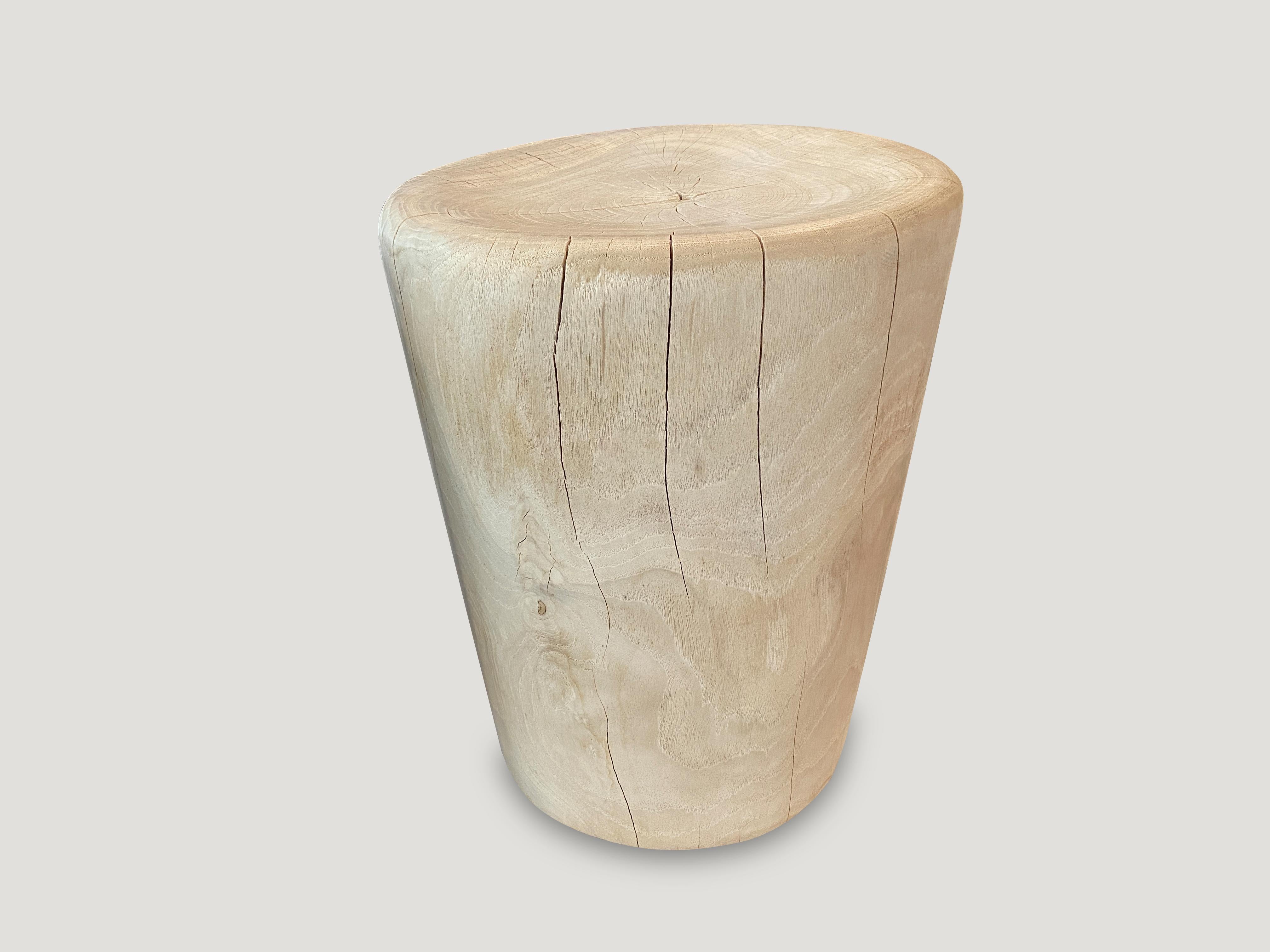 Reclaimed teak wood side table or stool. Hand carved into a drum shape whilst respecting the natural organic wood. Bleached to a bone finish. We have a collection. All unique. The price reflects the one shown. Also available charred.

The St.