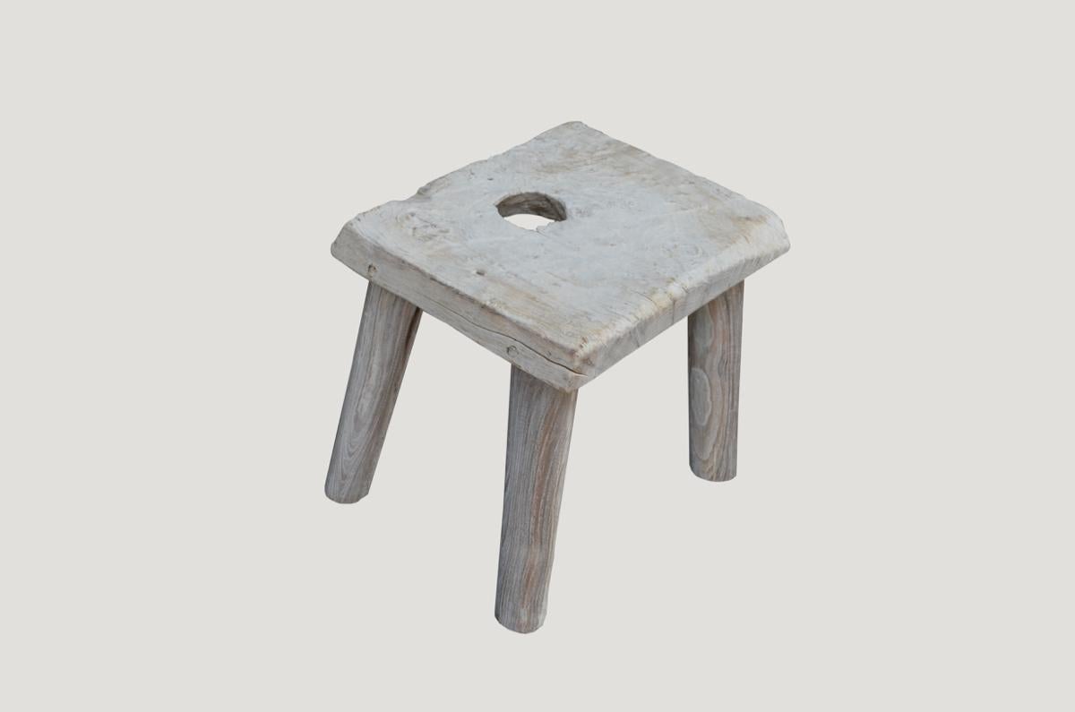 Organic Modern Andrianna Shamaris Bleached Teak Wood Side Table or Stool For Sale