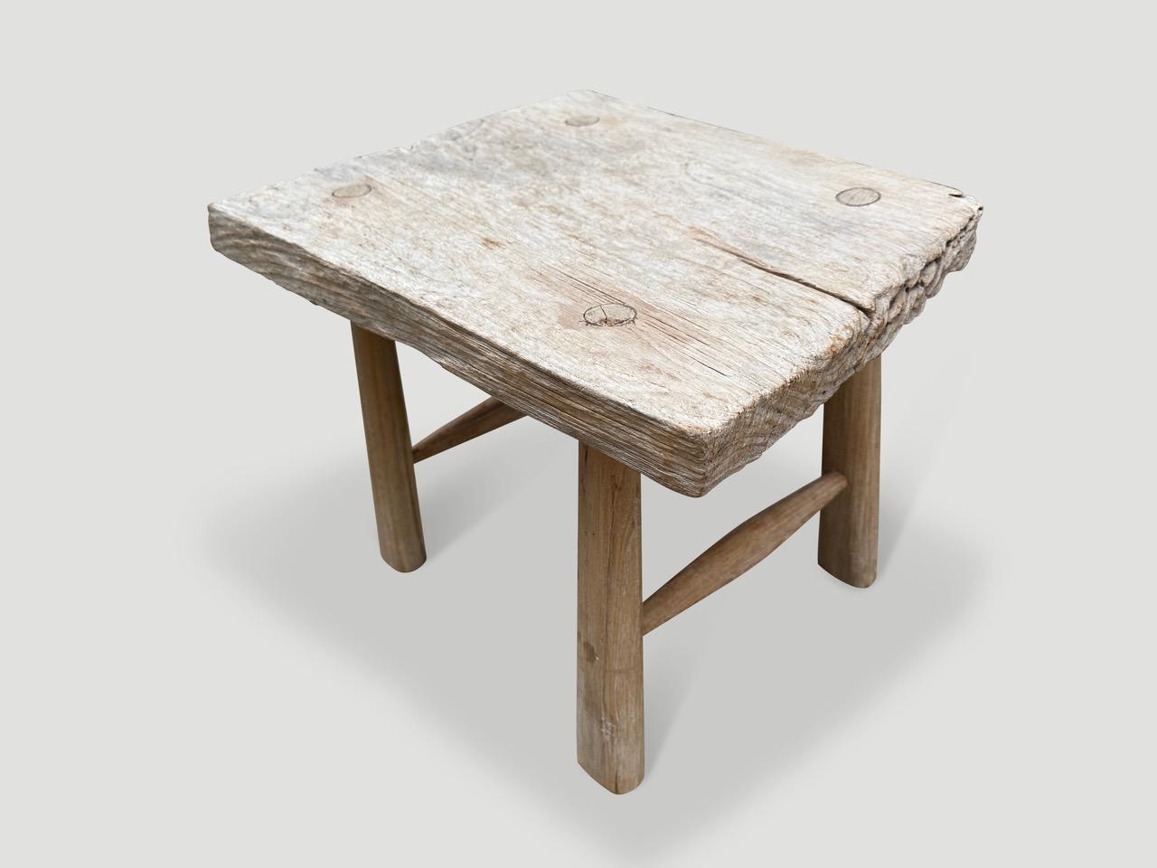 Organic Modern Andrianna Shamaris Bleached Teak Wood Stool or Side Table For Sale