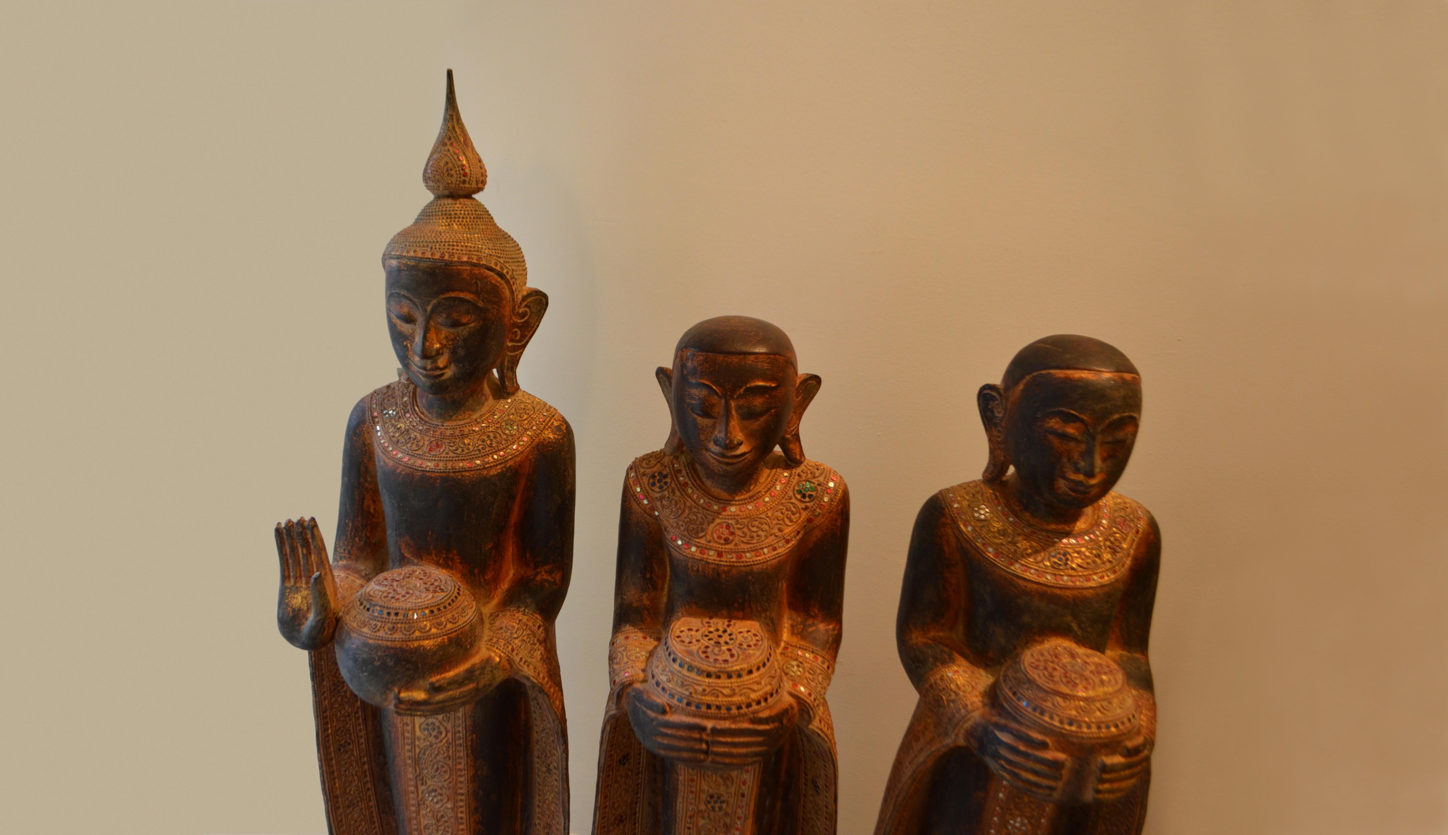 Set of six: Buddha and Buddhist Monk Statues from Burma/ Myanmar, circa 1940.

The statues represent the life of the Burmese Monks with their alms bowl as a symbolic connection to the spiritual realm and to show humbleness and respect in the