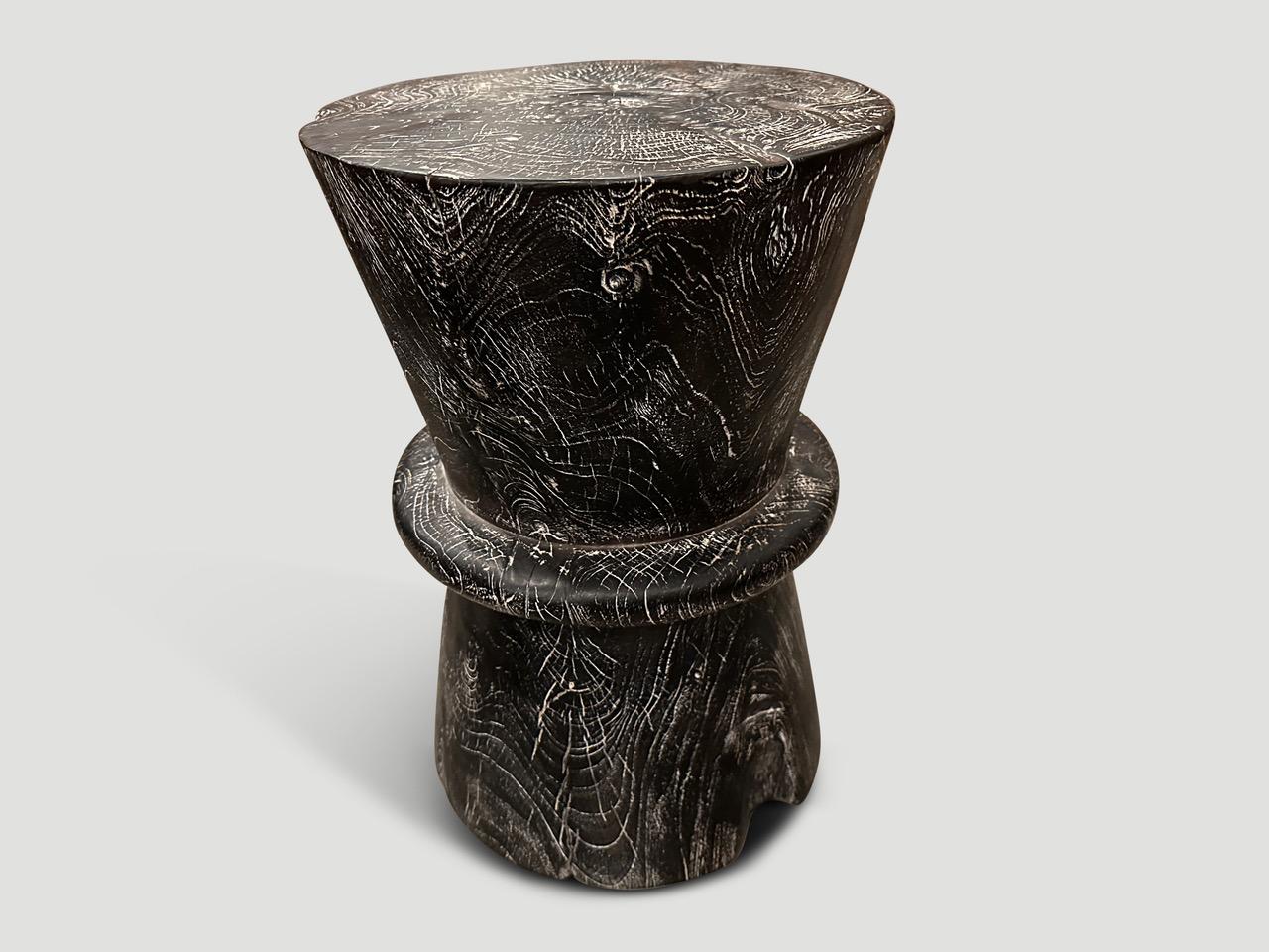 Andrianna Shamaris Cerused Charred Teak Wood Side Table In Excellent Condition For Sale In New York, NY