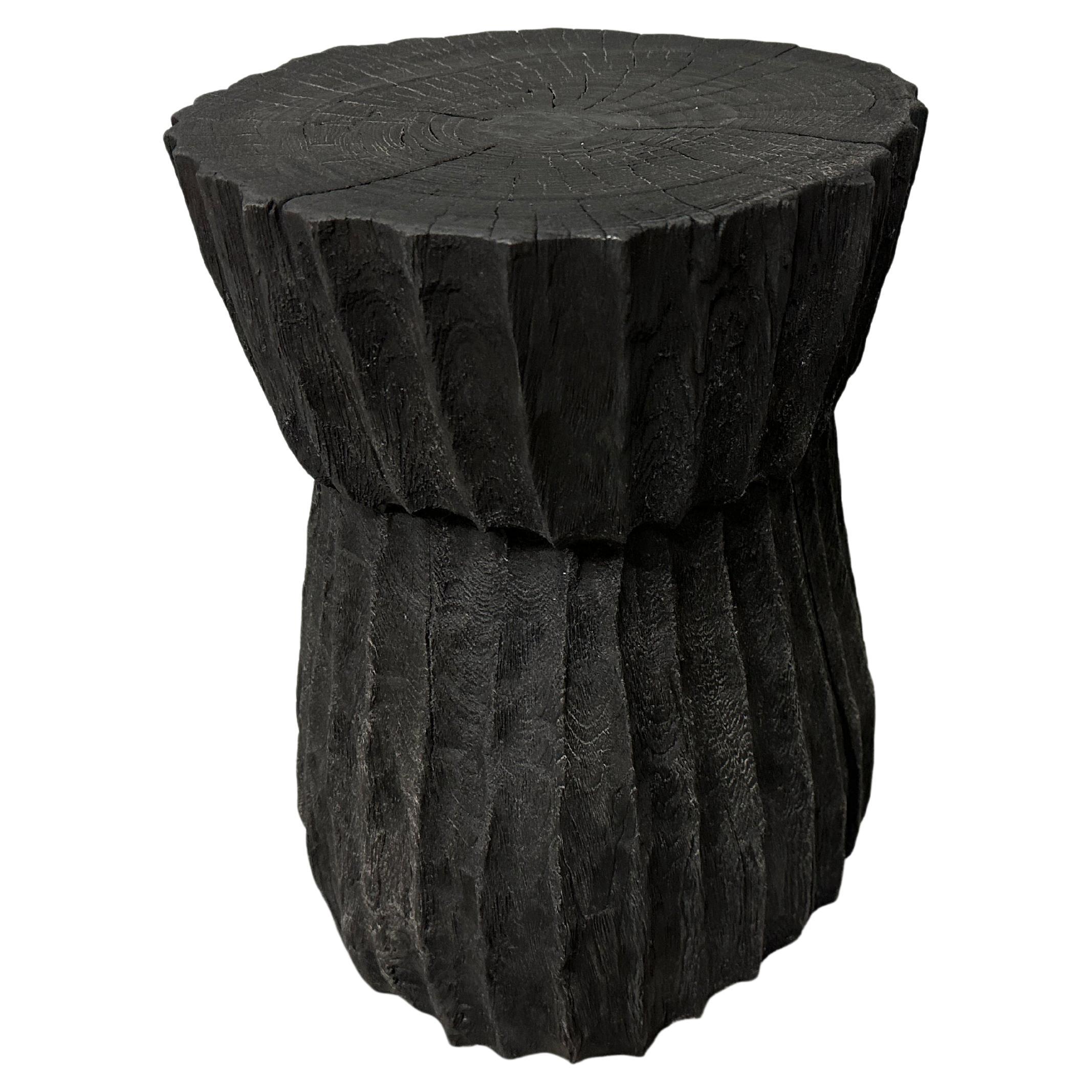 Andrianna Shamaris Charred Hand Carved Teak Wood Side Table For Sale