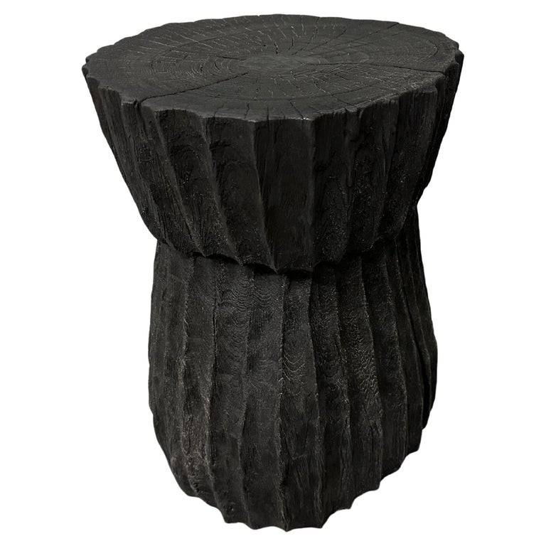 Andrianna Shamaris Charred Hand Carved Teak Wood Side Table For Sale at