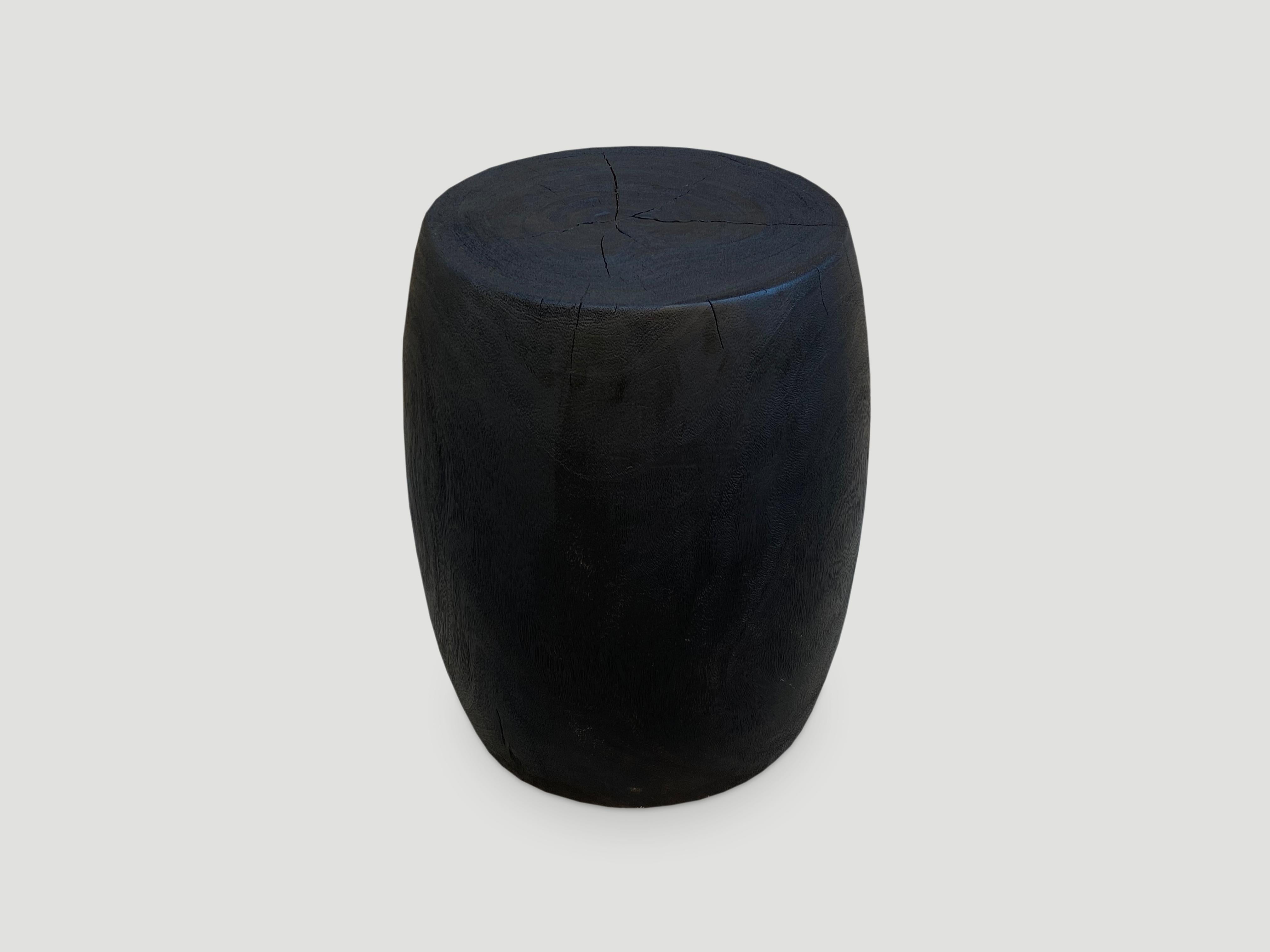 Organic Modern Andrianna Shamaris Charred Lychee Wood Drum Side Table or Stool For Sale