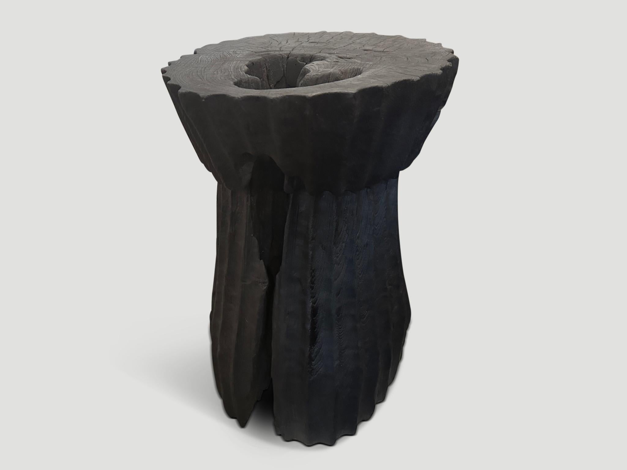 Andrianna Shamaris Charred Minimalist Teak Wood Pedestal or Side Table In Excellent Condition For Sale In New York, NY