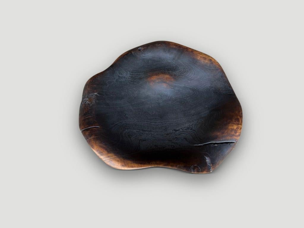 Gran cuenco o plato amorfo hecho a mano a partir de una impresionante pieza única de madera de teca de un siglo de antigüedad. Tanto utilizable como escultural. Carbonizado con un acabado de gradación que revela la veta única de la madera. Todo está