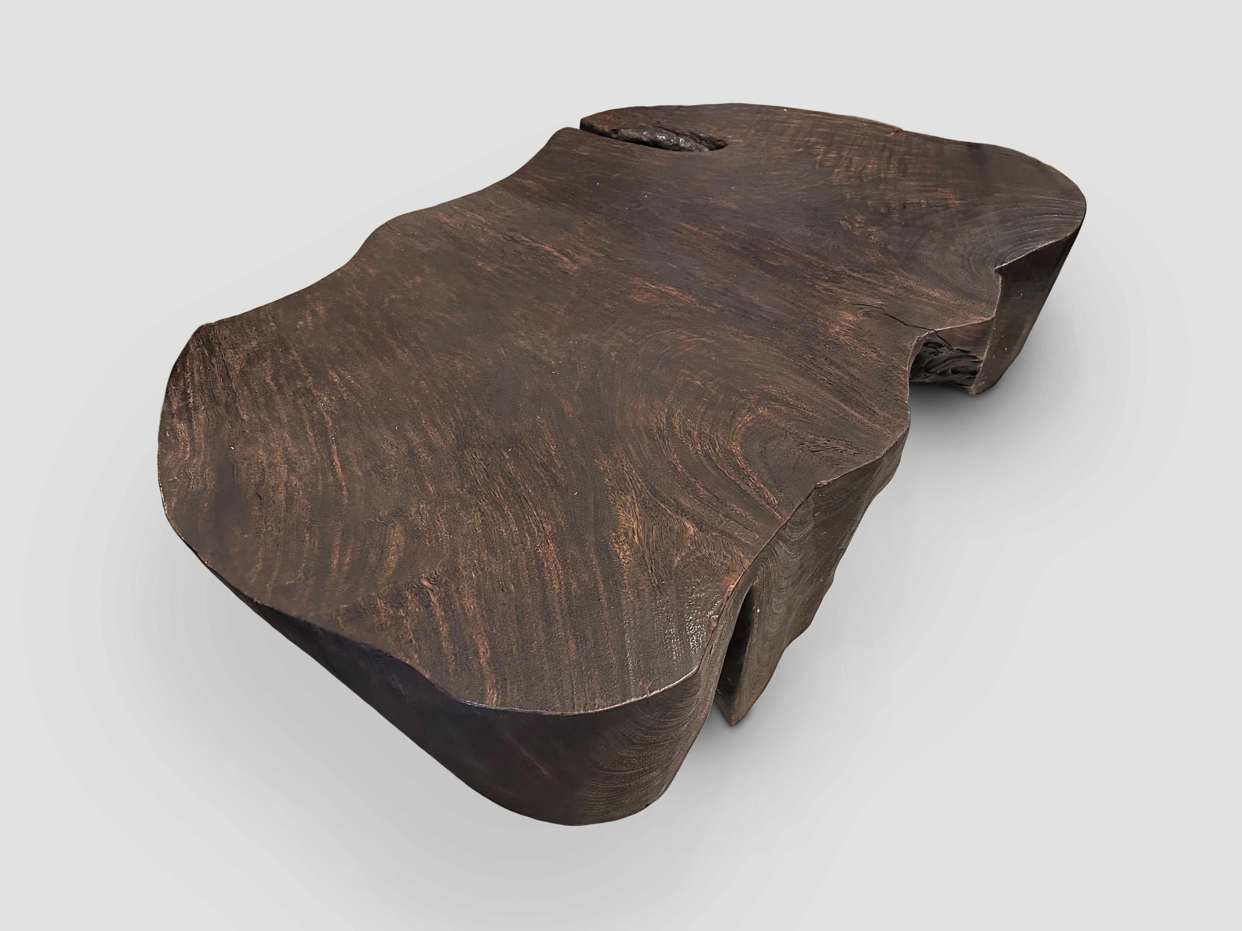 Impressive natural organic formed reclaimed suar wood coffee table both usable and sculptural. The legs and top are carved out of one root and charred to a rich chocolate brown. Finally we rubbed the wood with a wire brush revealing the beautiful
