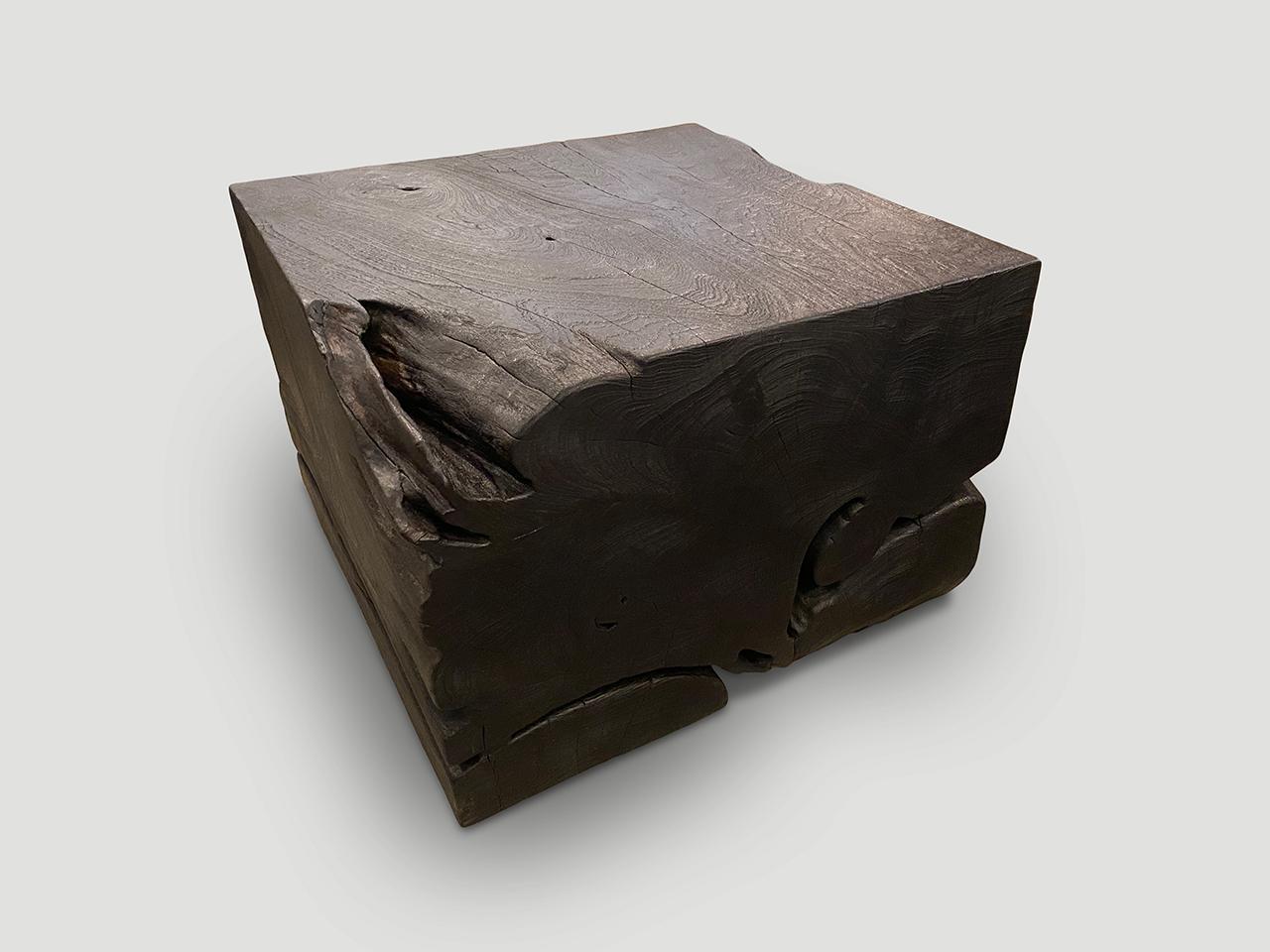 Impressive reclaimed teak wood coffee table. Charred, sanded and sealed revealing the beautiful wood grain. Custom stains and finishes available. Please inquire. 

The Triple Burnt Collection represents a unique line of modern furniture made from