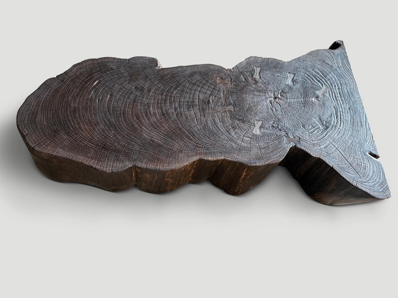 A beautiful century old reclaimed teak wood log has been trimmed to a usable shape to be used as either a coffee table or bench. We added butterflies inlaid into the top and charred a rich brown revealing the unique wood grain. It’s all in the