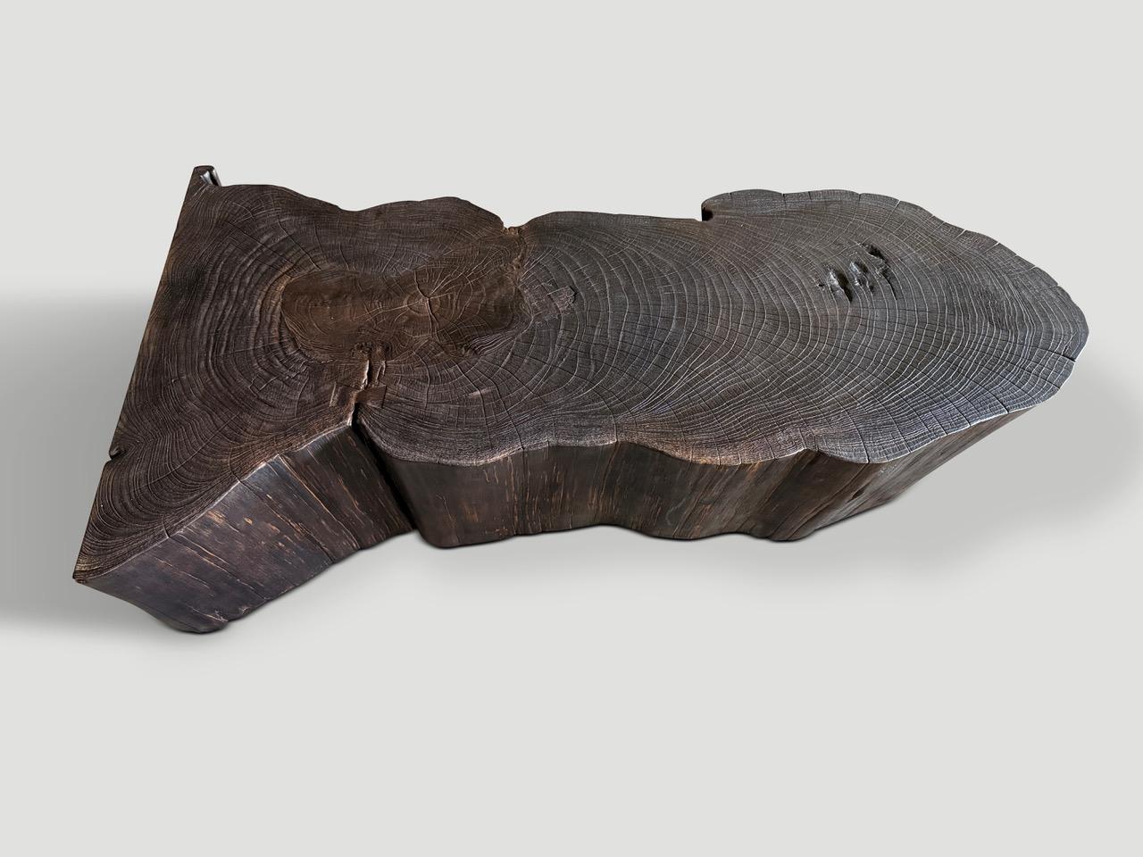 A beautiful century old reclaimed teak wood log has been trimmed to a usable shape to be used as either a coffee table or bench. Charred a rich brown revealing the unique wood grain. It’s all in the details. Pair available as shown in the final