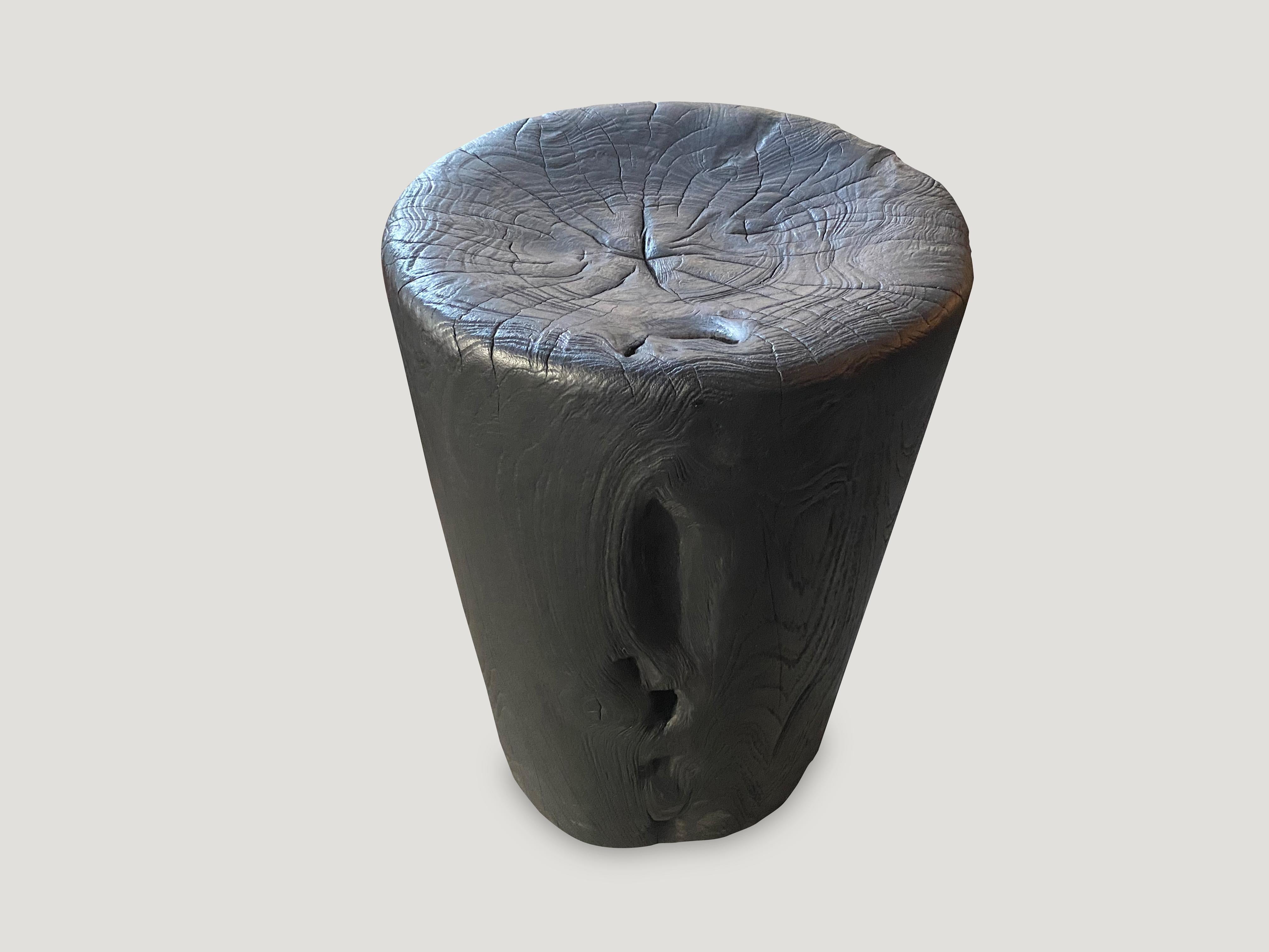 Reclaimed teak wood side table or stool. Hand carved into a drum shape whilst respecting the natural organic wood. Burnt, sanded and sealed. We have a collection. All unique. The price represents the one shown. Also available bleached.

The Triple