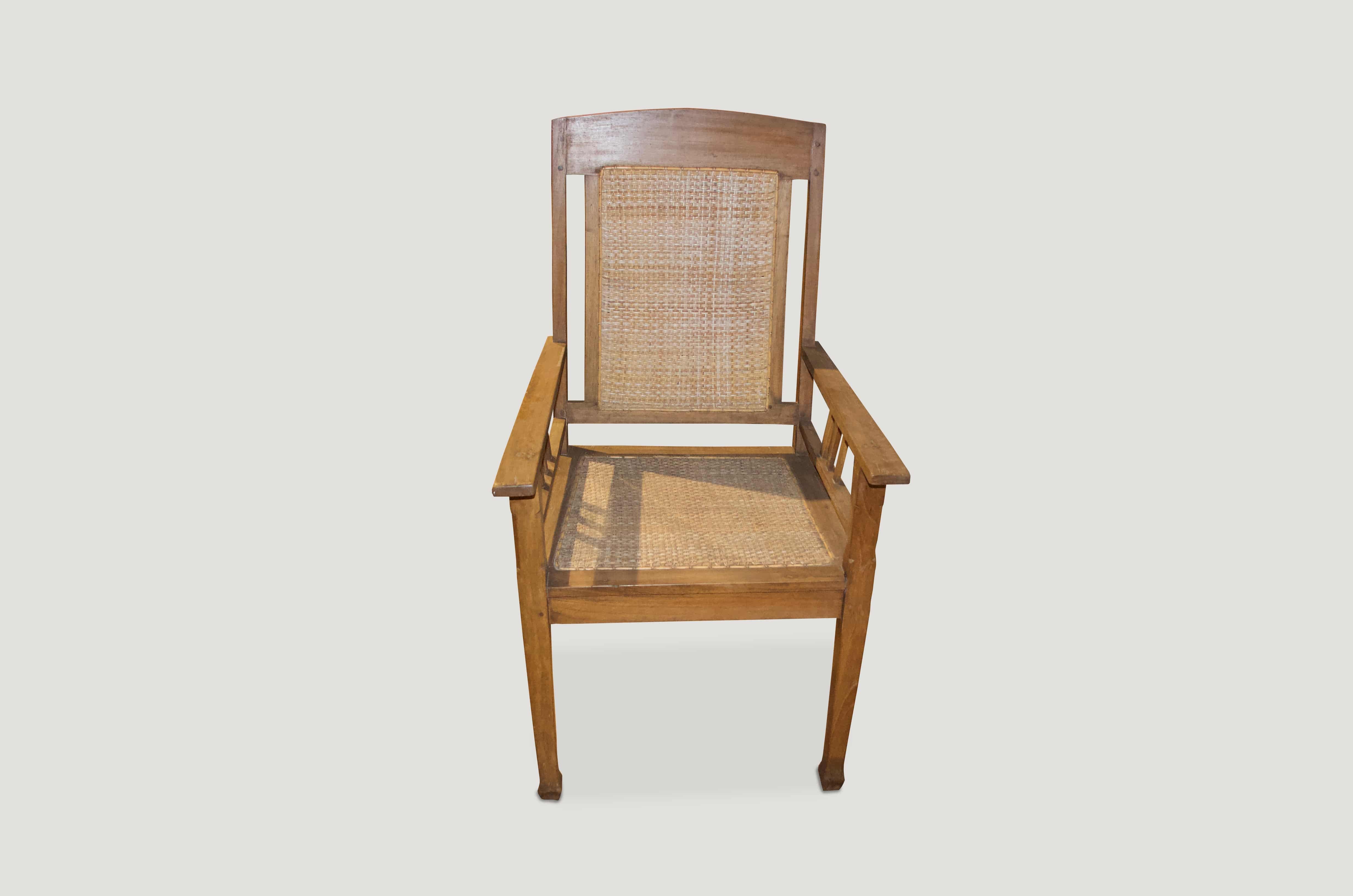 Early 20th Century Andrianna Shamaris Colonial Teak Wood and Rattan Chair For Sale