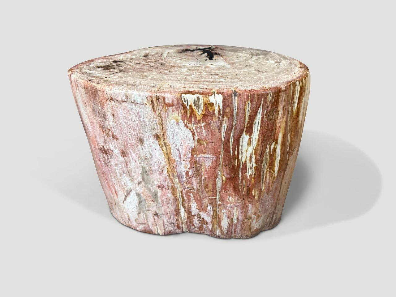 Impressionnante table d'appoint en bois pétrifié de haute qualité aux tons corail. Nous avons ajouté de la résine transparente sur le dessus pour préserver les cristaux de cette belle pièce unique. Il est fascinant de voir comment Mère Nature