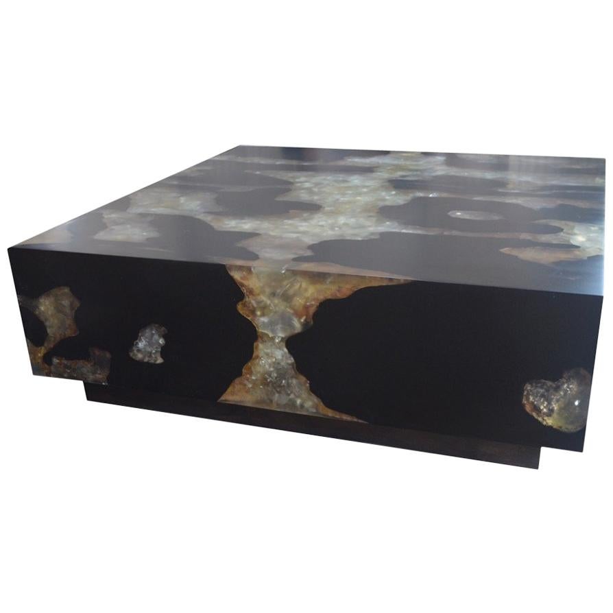 Andrianna Shamaris Cracked Resin and Teak Wood Coffee Table For Sale