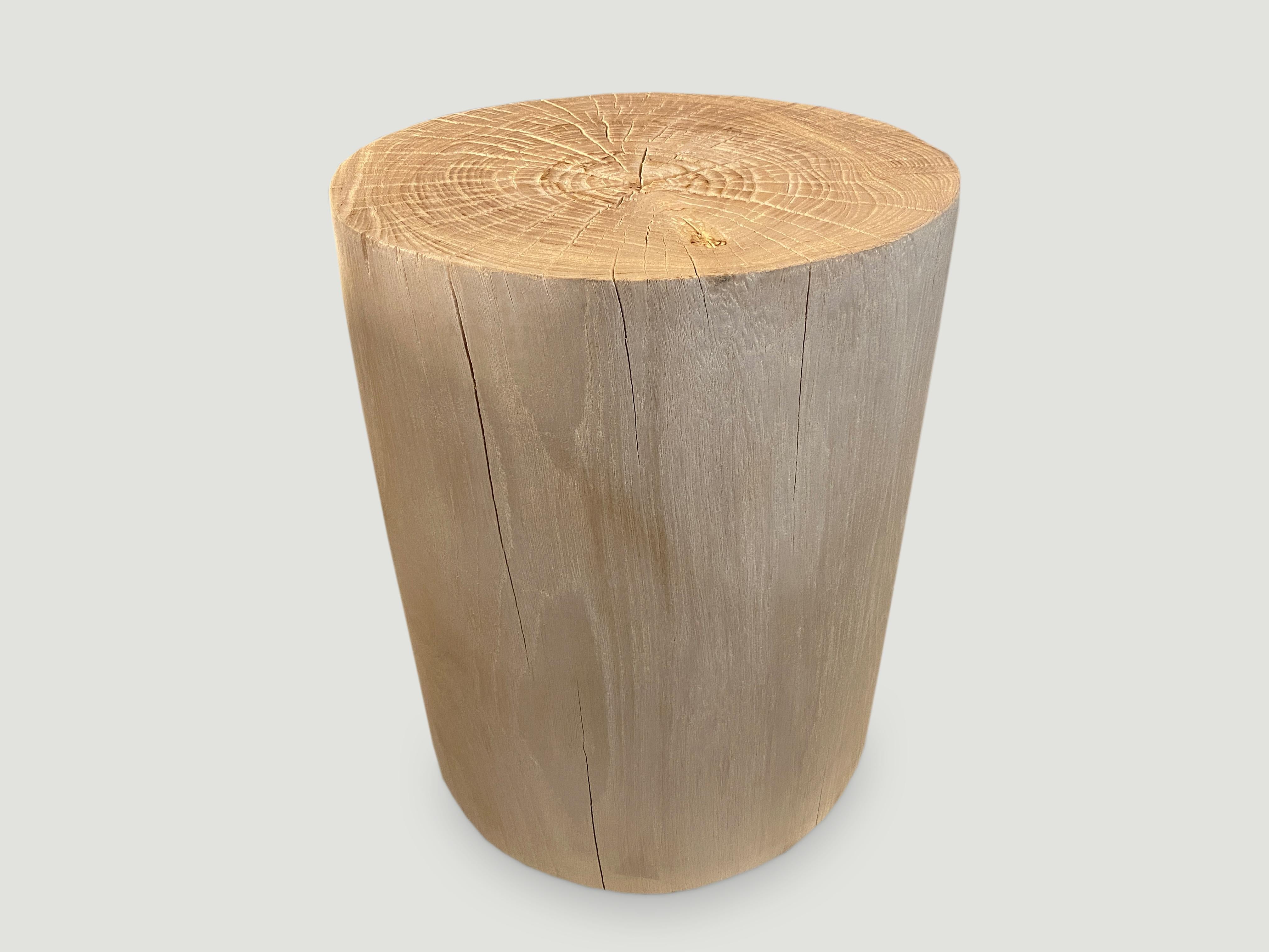 Reclaimed teak wood cylinder side table or stool. Bleached and carved into a minimalist cylinder whilst respecting the natural organic wood. Also available charred.

The St. Barts Collection features an exciting new line of organic white wash,