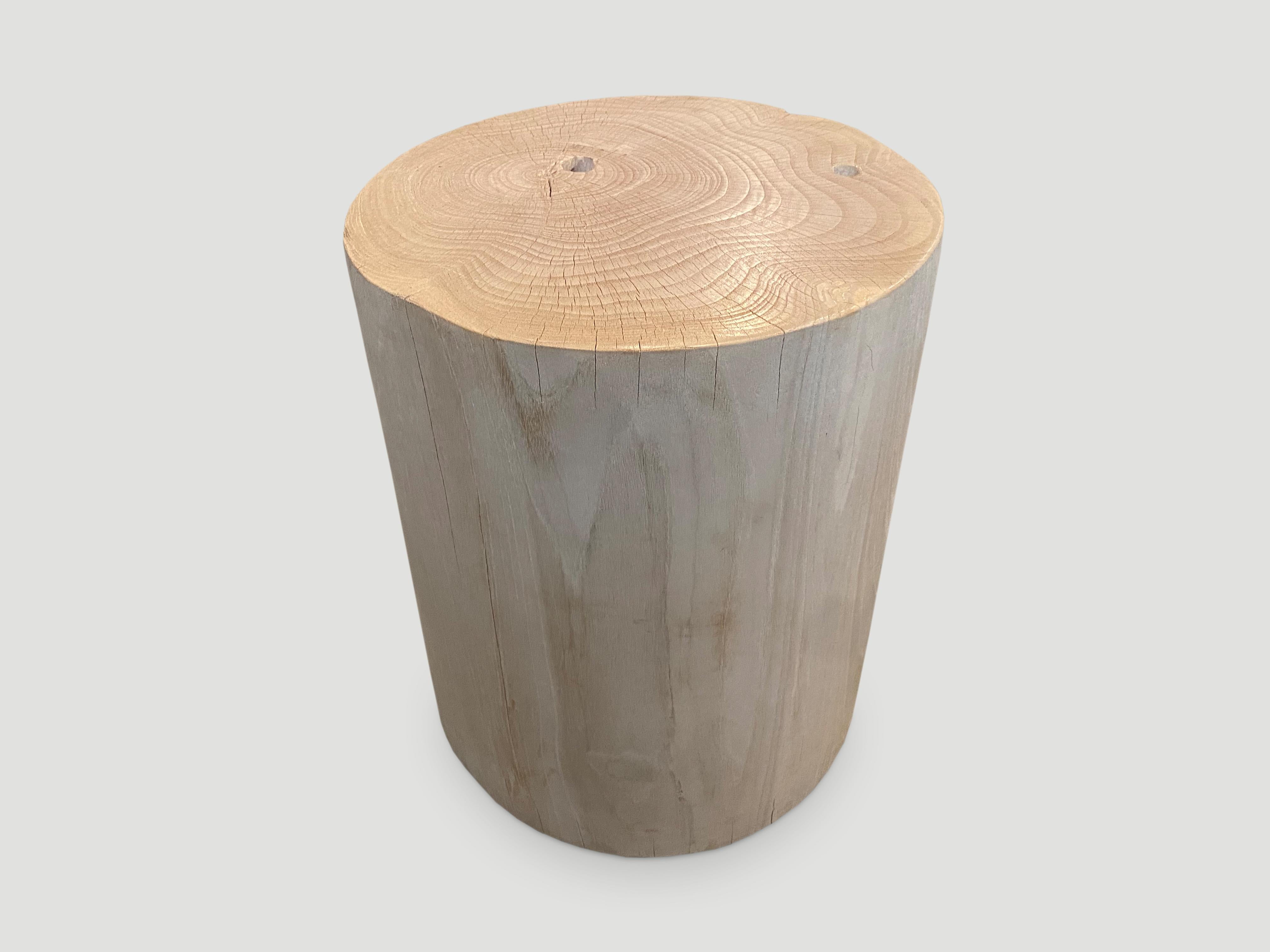 Reclaimed teak wood cylinder side table or stool. Bleached and carved into a minimalist cylinder whilst respecting the natural organic wood. Also available charred. We have a collection.

The St. Barts Collection features an exciting new line of