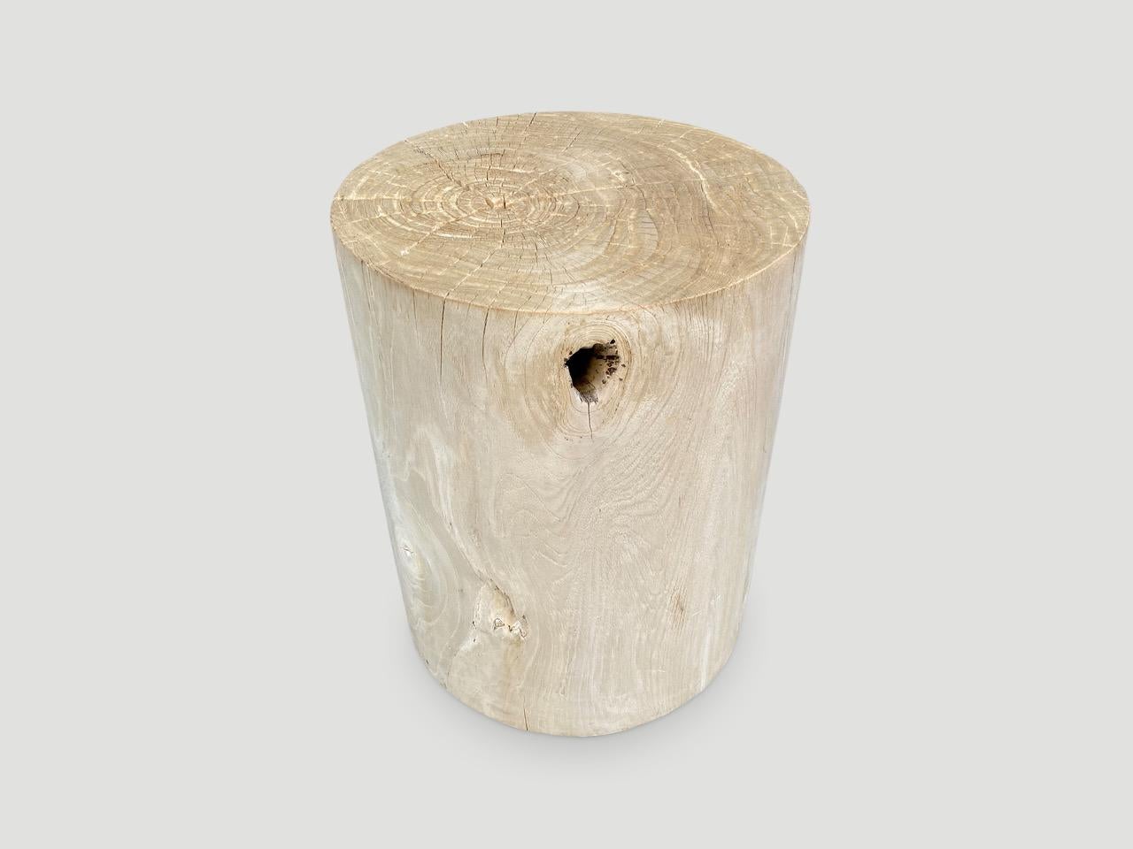 Reclaimed teak wood cylinder side table or stool. Bleached and carved into a minimalist cylinder whilst respecting the natural organic wood. Also available charred. Please inquire. We have a collection.

The St. Barts Collection features an