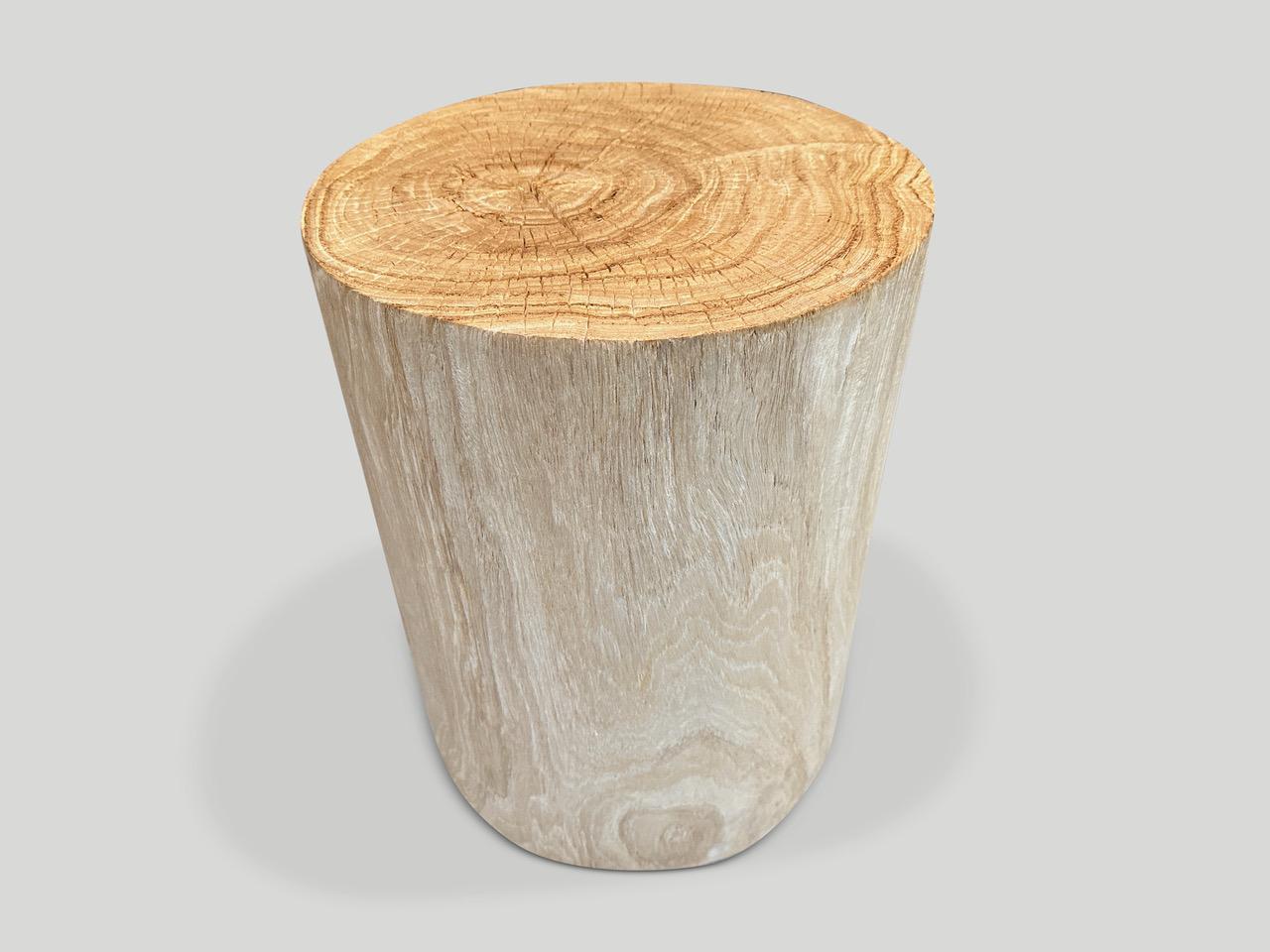 Reclaimed teak wood side table or stool. Bleached and carved into a minimalist cylinder whilst respecting the natural organic wood. Also available charred. We have a collection. Please inquire. The images and price reflect the one shown.

The St.