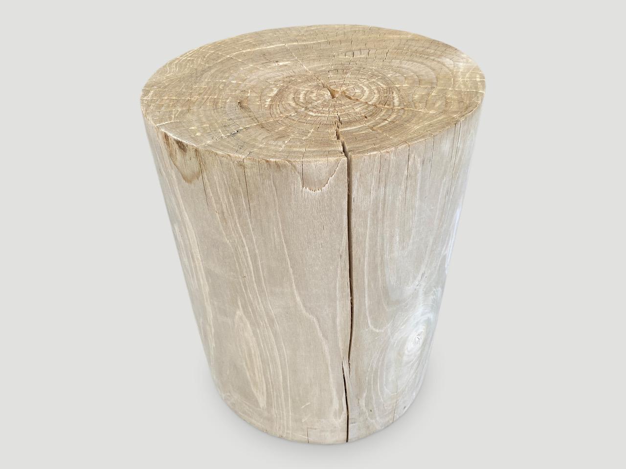 Organic Modern Andrianna Shamaris Cylinder Bleached Teak Wood Side Table or Stool