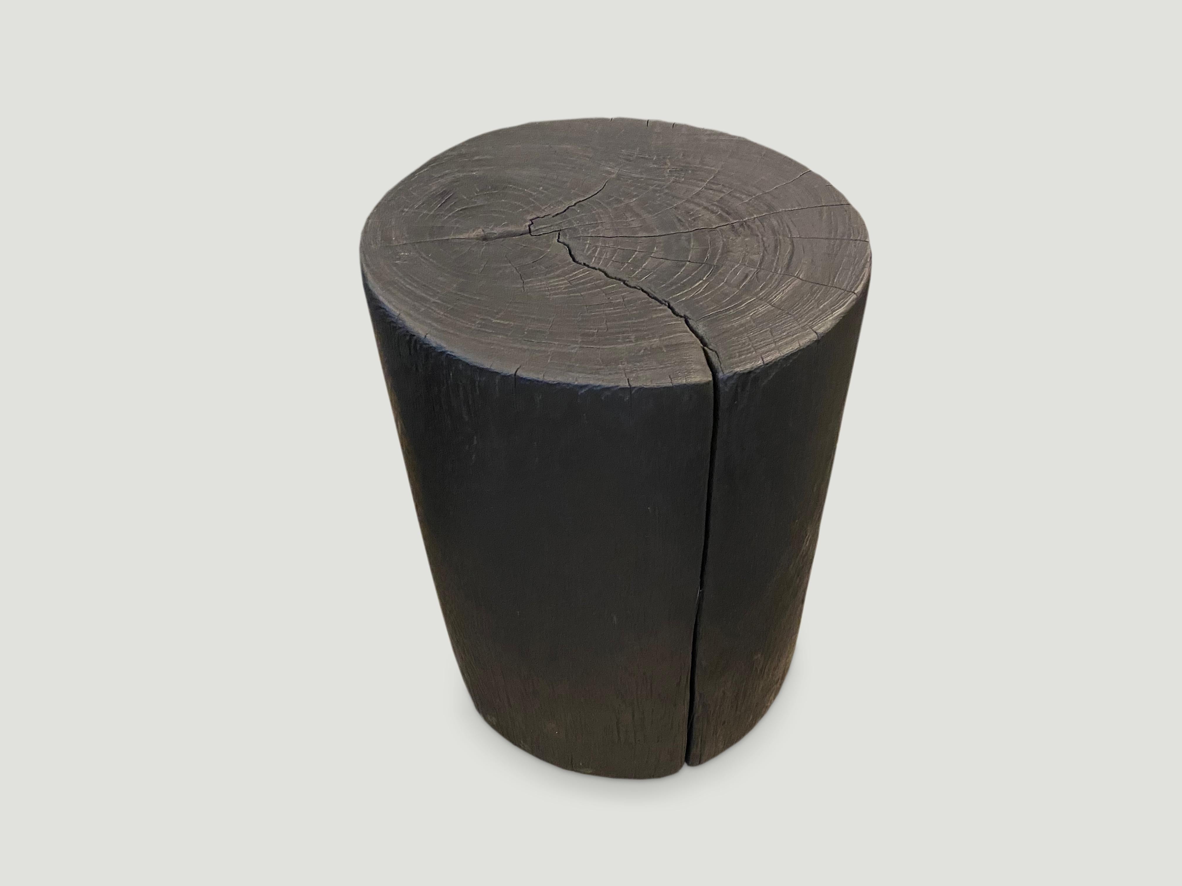 Organic Modern Andrianna Shamaris Cylinder Charred Teak Wood Side Table or Stool