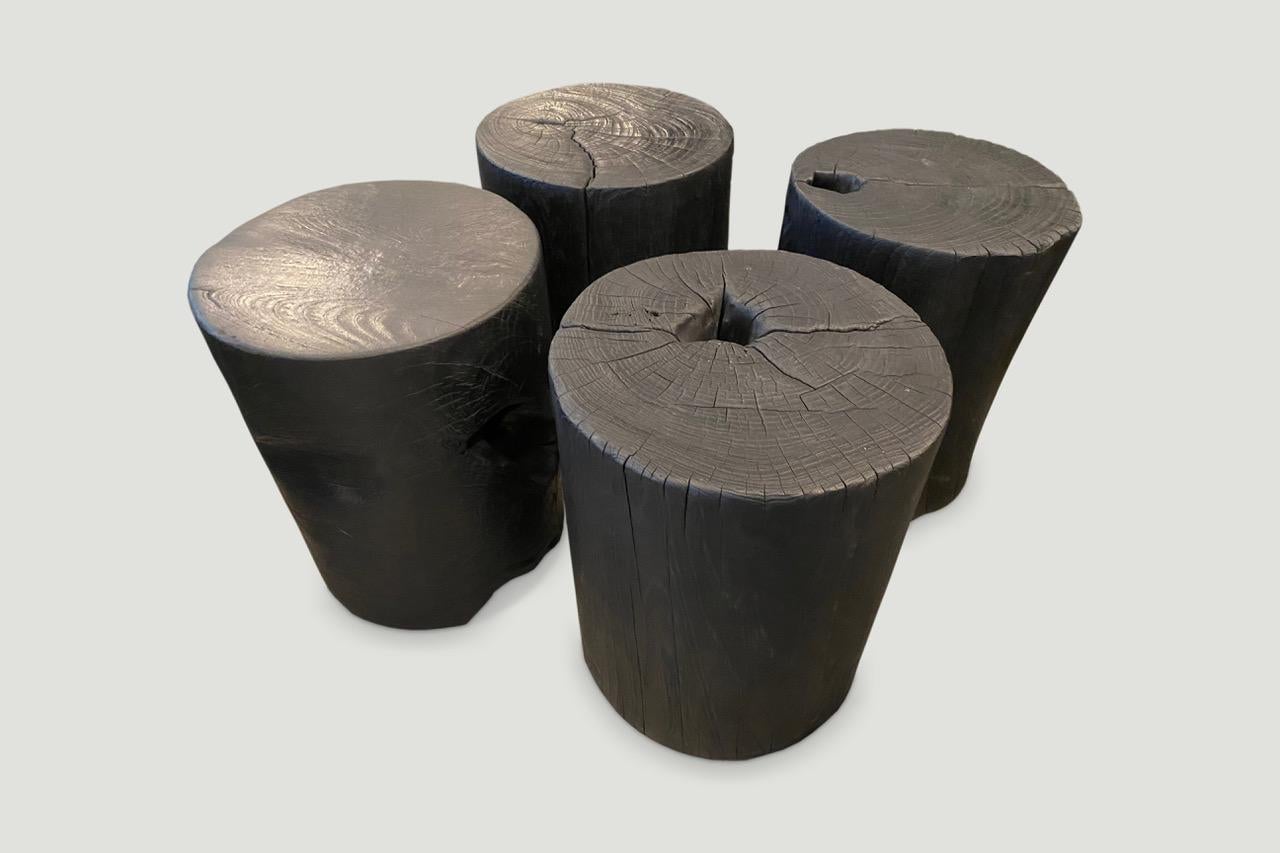 Andrianna Shamaris Cylinder Charred Teak Wood Side Table or Stool In Excellent Condition In New York, NY