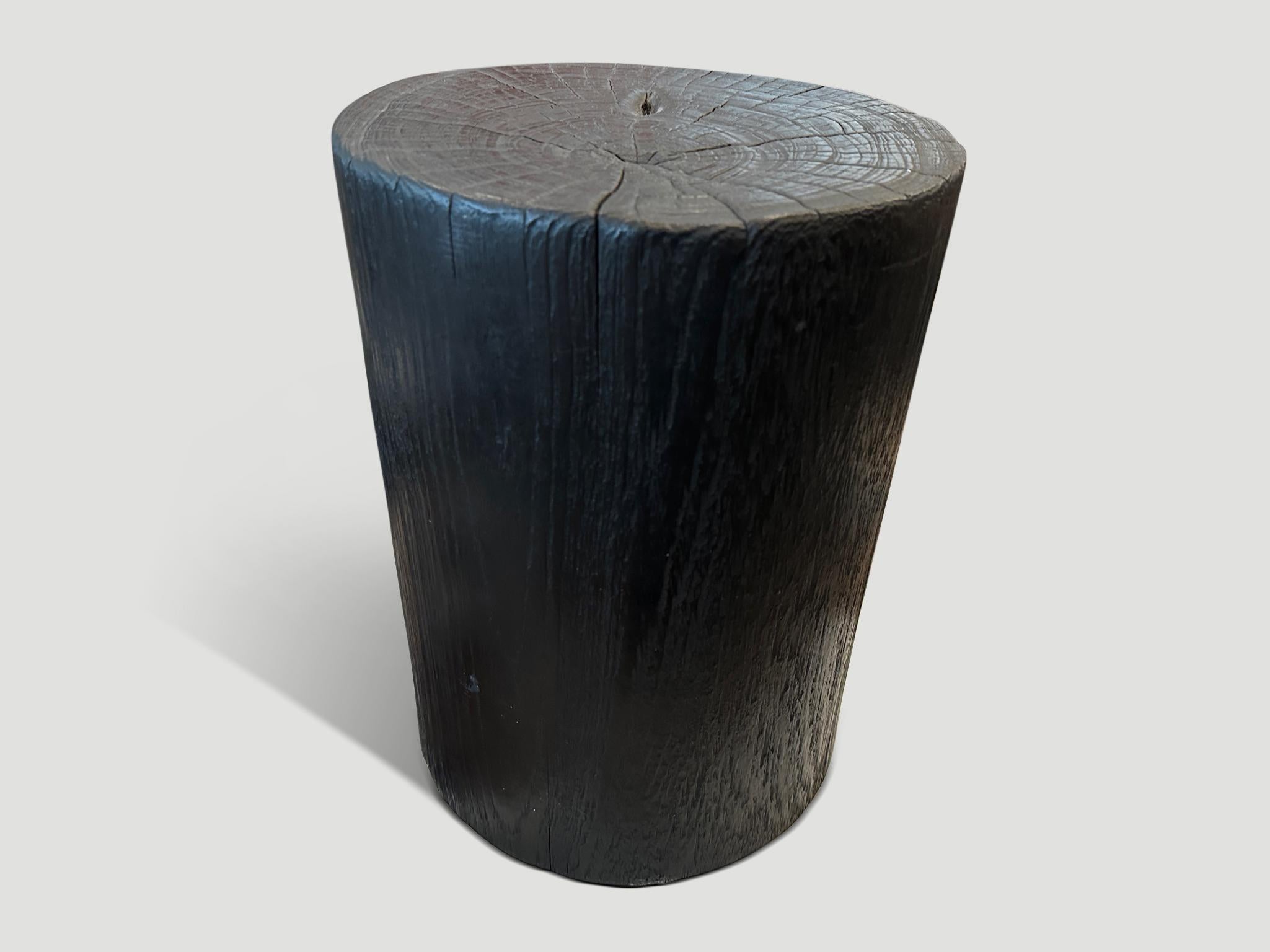 Andrianna Shamaris Cylinder Charred Teak Wood Side Table or Stool  In Excellent Condition For Sale In New York, NY