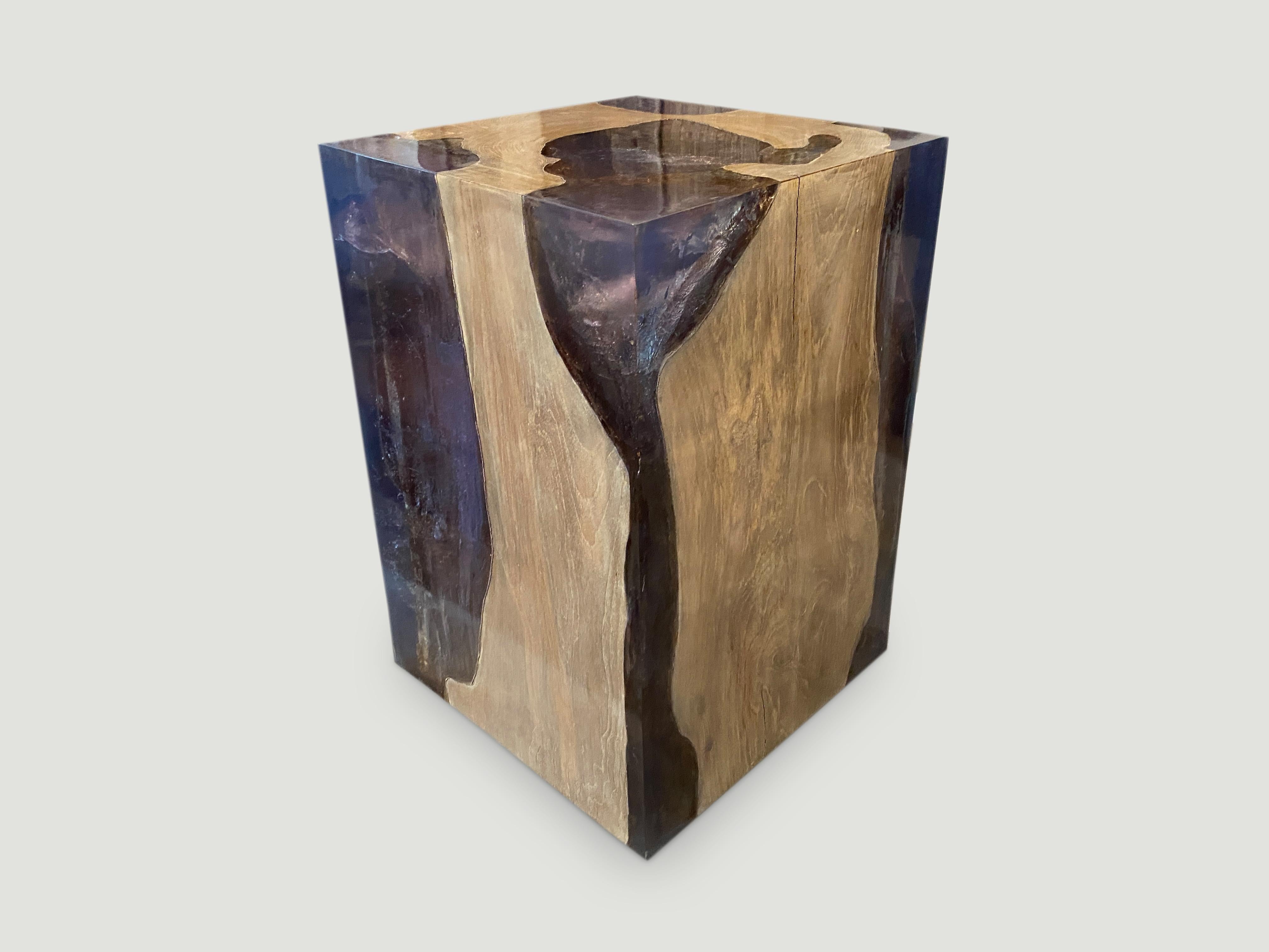 The St. Barts side table is a unique variation of the teak and cracked resin cube. Ice blue, aqua resin, or new to 2020, deep sea blue resin, is cracked and added into the natural grooves of the bleached teak wood and finally sanded and finished
