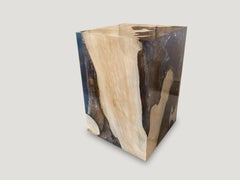 Andrianna Shamaris Deep Sea Blue Resin and Teak Wood Side Table