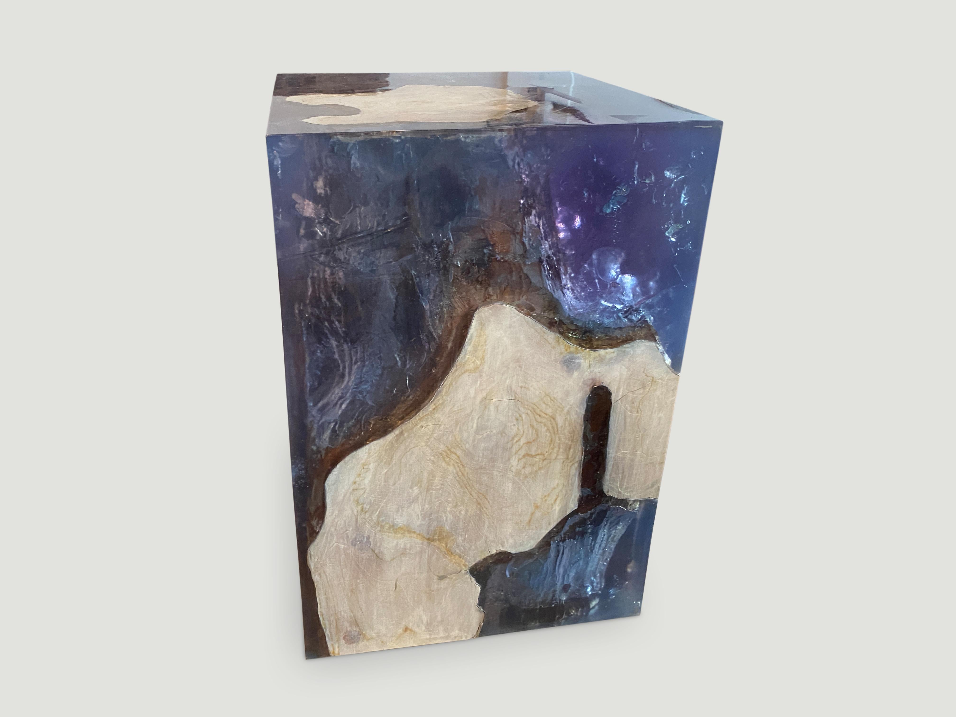 The St. Barts side table is a unique variation of the teak and cracked resin cube. Ice blue, aqua resin or new to 2020 deep sea blue resin, is cracked and added into the natural grooves of the bleached teak wood and finally sanded and finished with