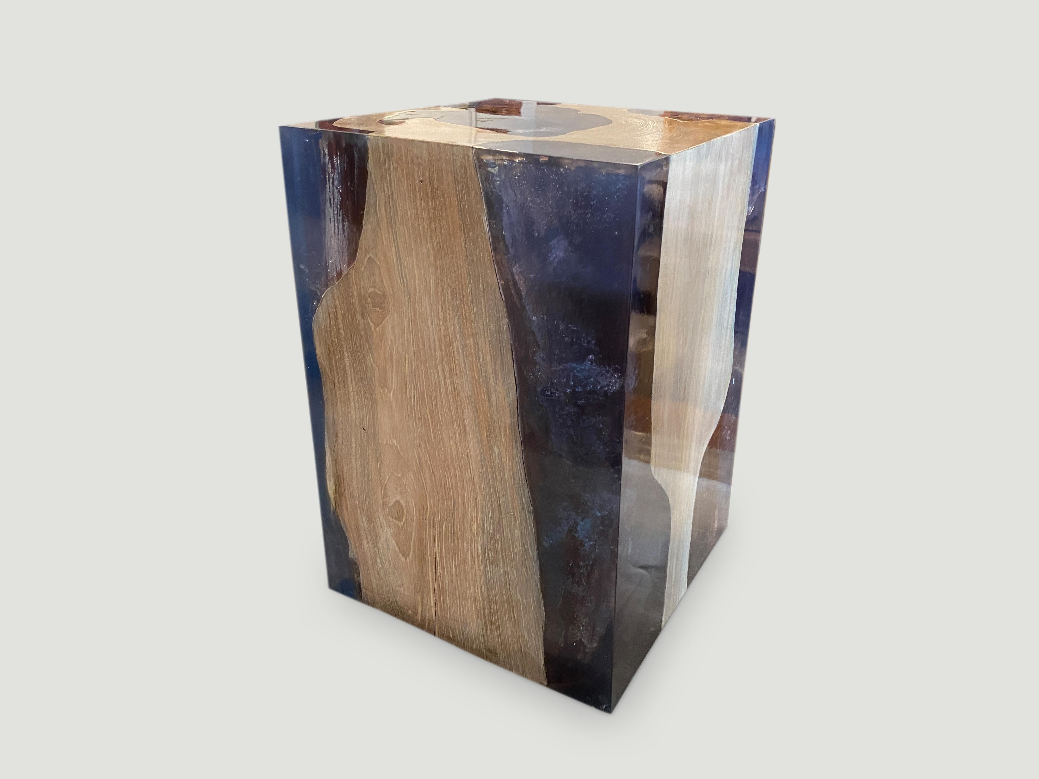 Organic Modern Andrianna Shamaris Deep Sea Blue Resin and Teak Wood Side Table