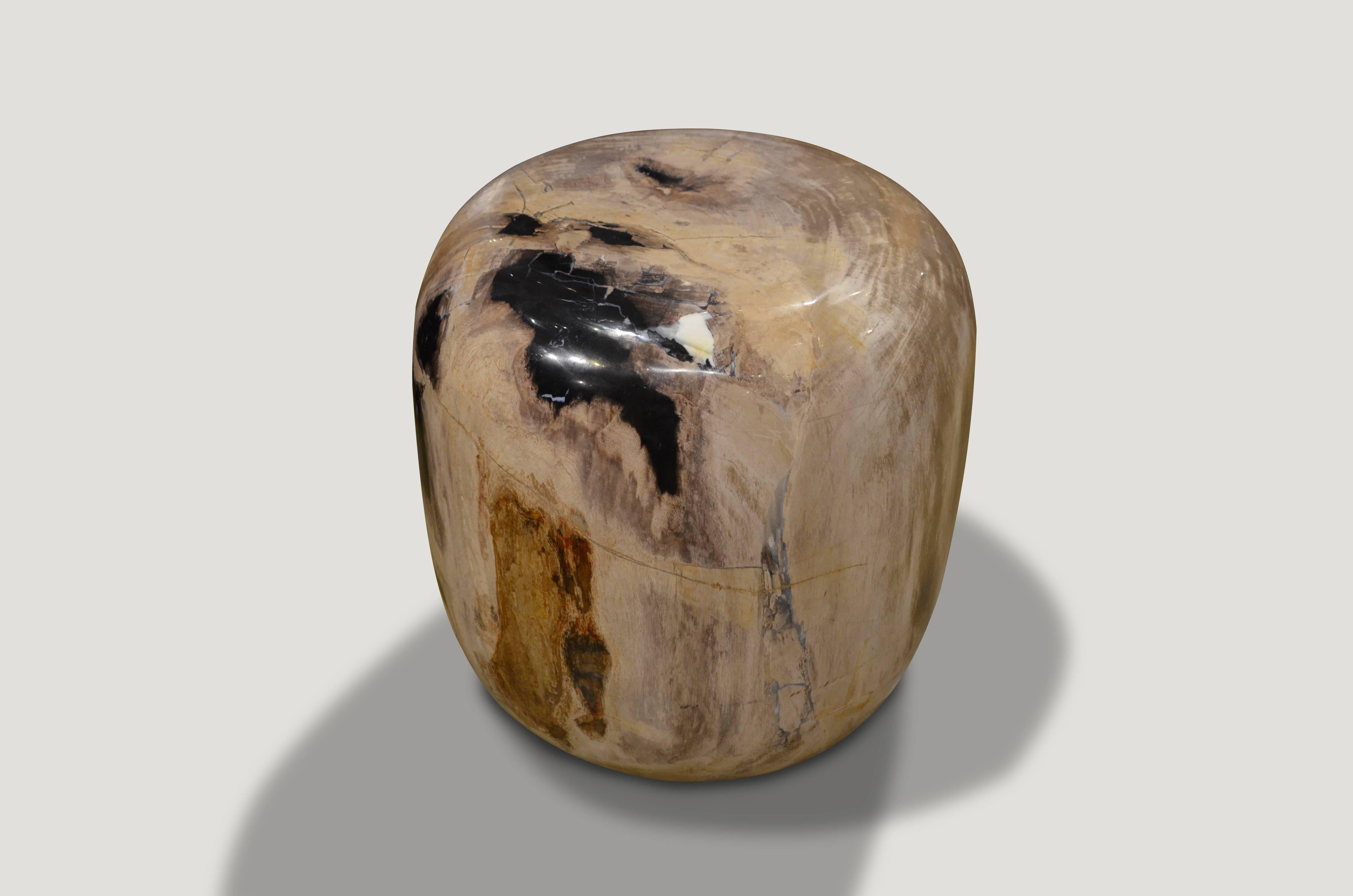 Super smooth petrified wood drum shape side table, in stunning natural beige and black tones.

We source the highest quality petrified wood available. Each piece is hand selected and highly polished with minimal cracks. Petrified wood is extremely