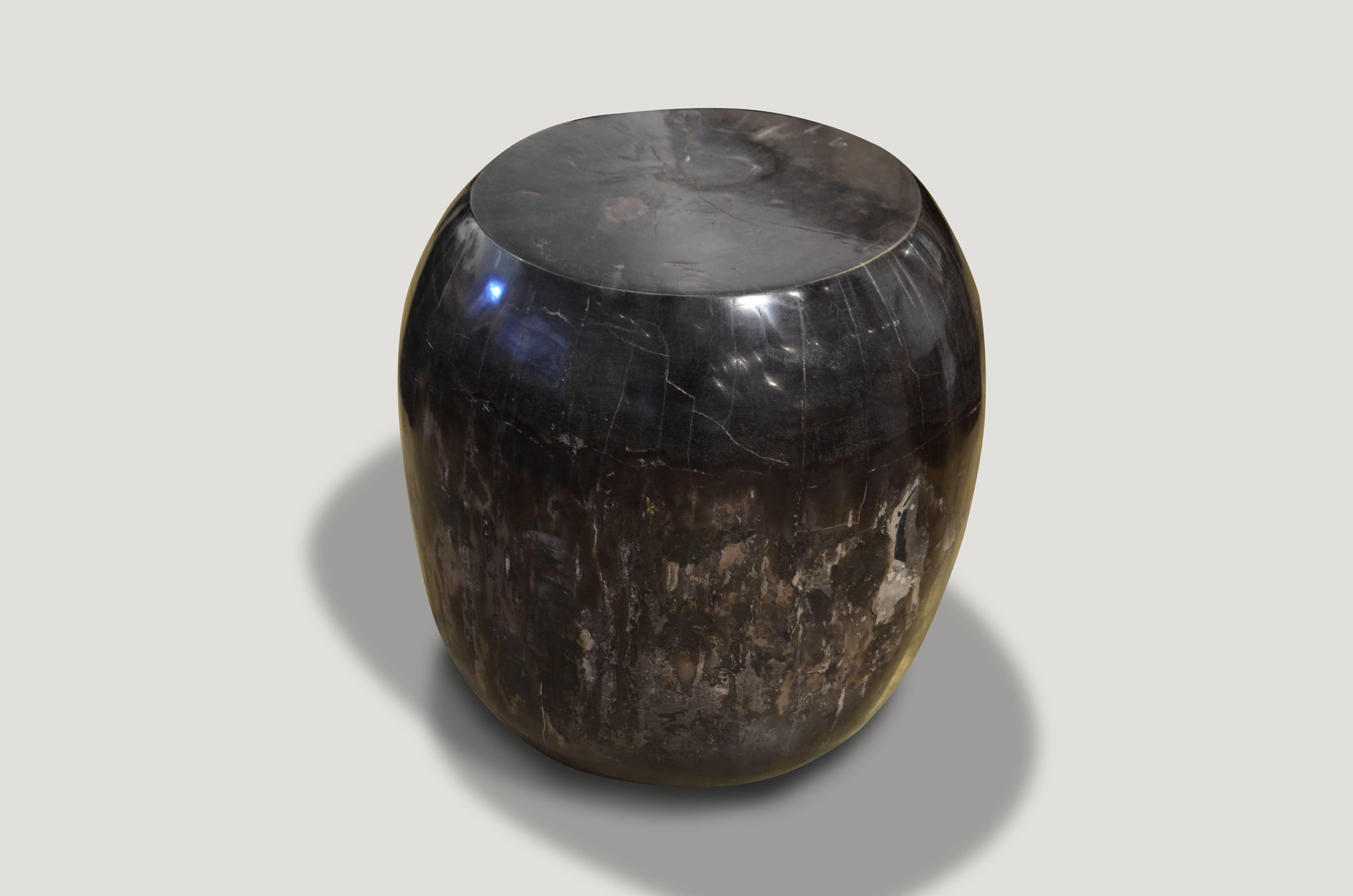 Super smooth petrified wood drum shape side table.

We source the highest quality petrified wood available. Each piece is hand selected and highly polished with minimal cracks. Petrified wood is extremely versatile – even great inside a bathroom