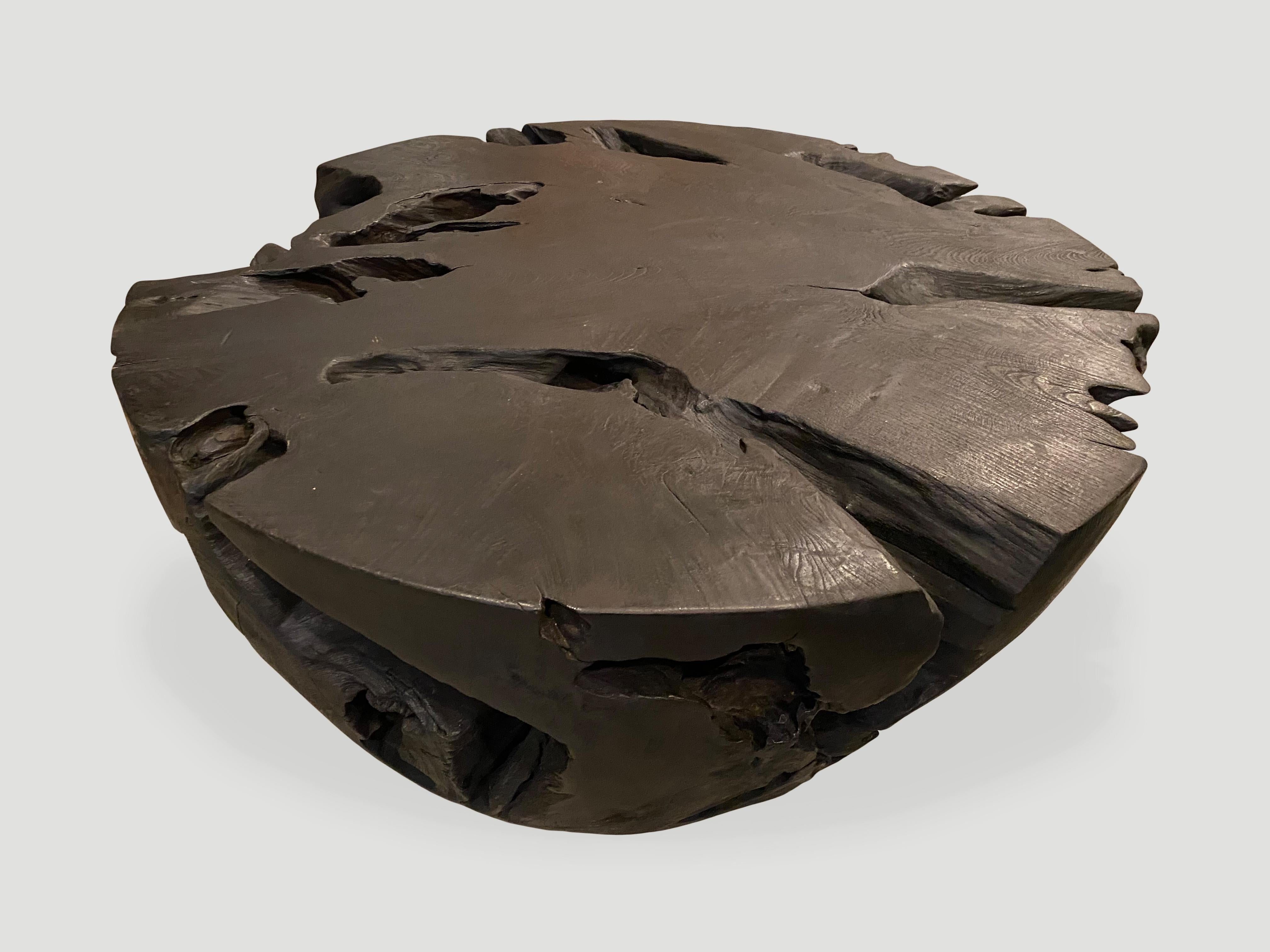 Andrianna Shamaris Drum Shaped Charred Teak Wood Coffee Table In Excellent Condition In New York, NY