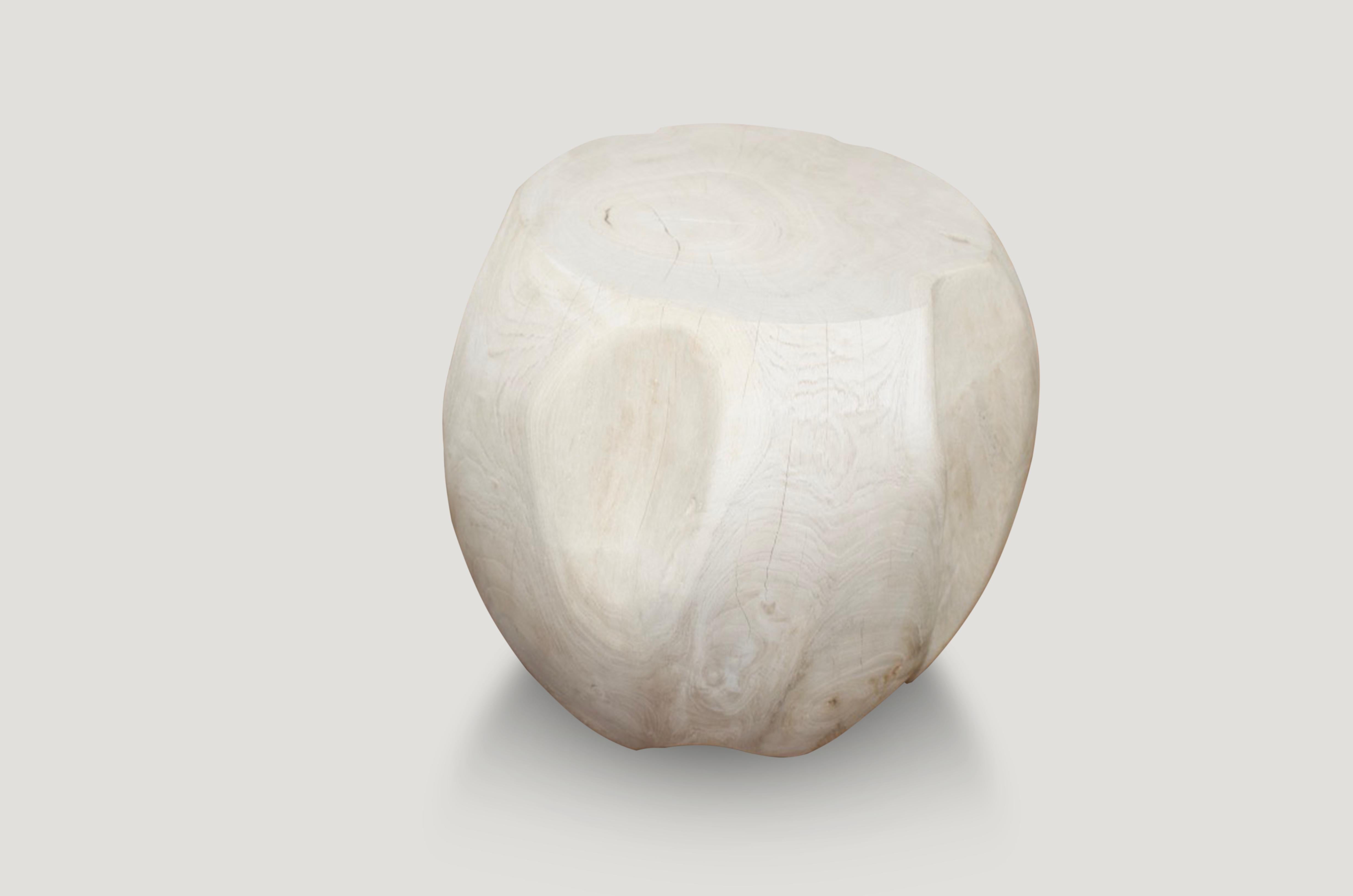 Reclaimed teak wood which we have hand carved into a drum shaped side table or stool and bleached. The top flat section is 12? Diameter and the outer drum shape expands to 15? Organic is the new modern.

The St. Barts collection features an