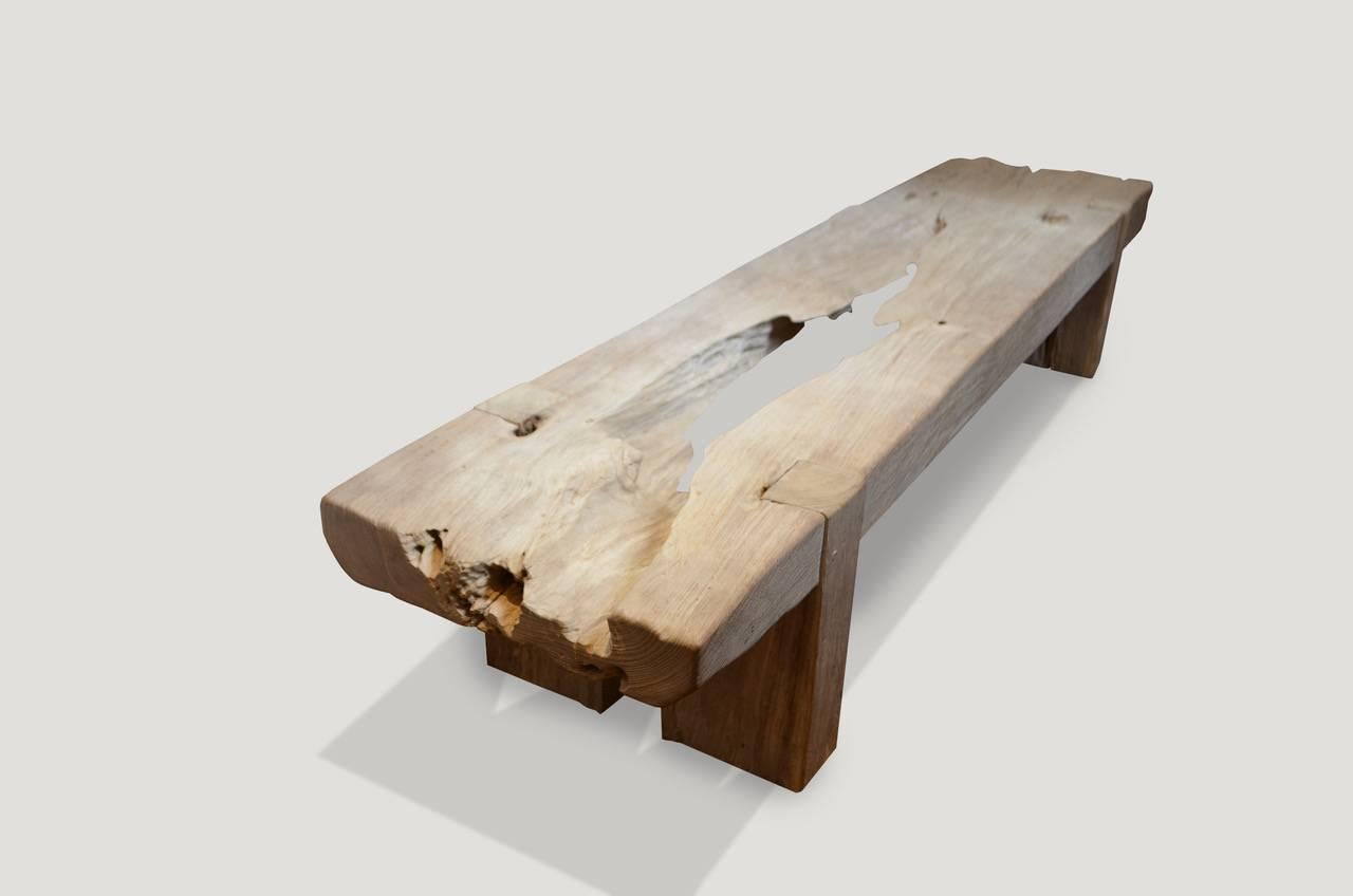 Natural eroded teak wood slab bench or coffee table. We added the legs and bleached the wood. Perfect for inside or outside living.

The St. Bart's Collection features an exciting new line of organic white wash and natural weathered teak wood
