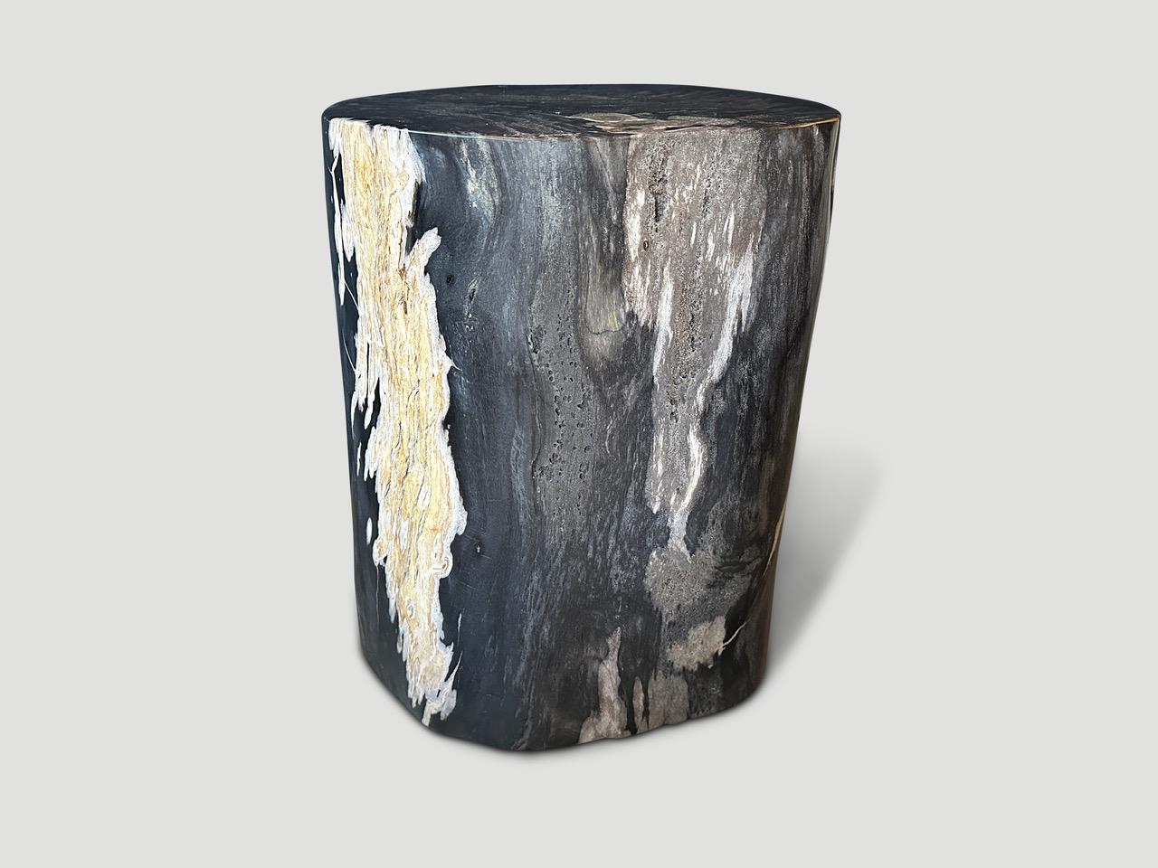 Beautiful dramatic tones and markings on this impressive high quality petrified wood side table. It’s fascinating how Mother Nature produces these exquisite 40 million year old petrified teak logs with such contrasting colors and natural patterns