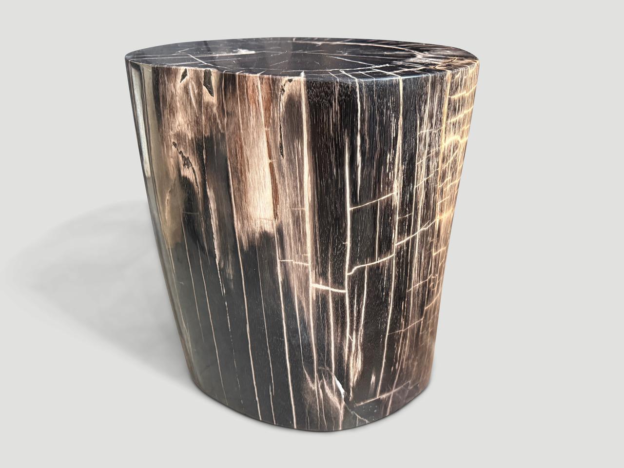 Beautiful contrasting tones on this impressive high quality petrified wood large side table or pedestal. It’s fascinating how Mother Nature produces these exquisite 40 million year old petrified teak logs with such contrasting colors and natural